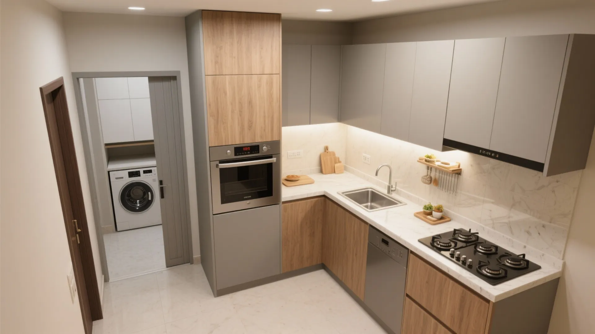 L-shaped kitchen + utility pocket for compact efficiency