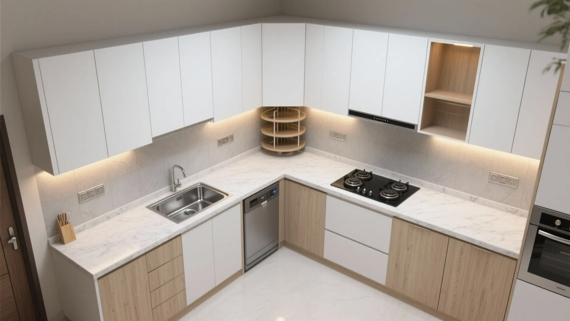 L-shaped kitchen interior design drawing with white cabinets marble countertop and built-in black stove and oven