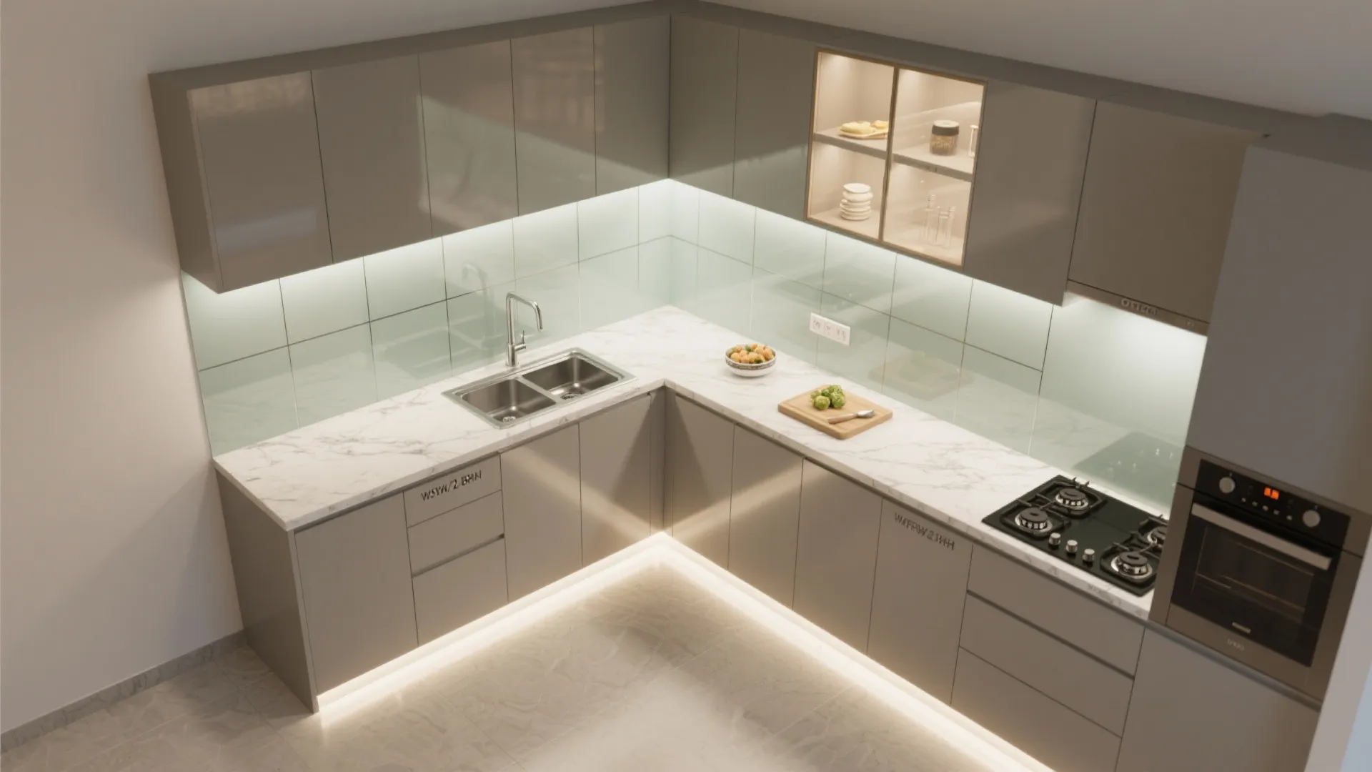 An airy glass backsplash in a compact L-shaped kitchen