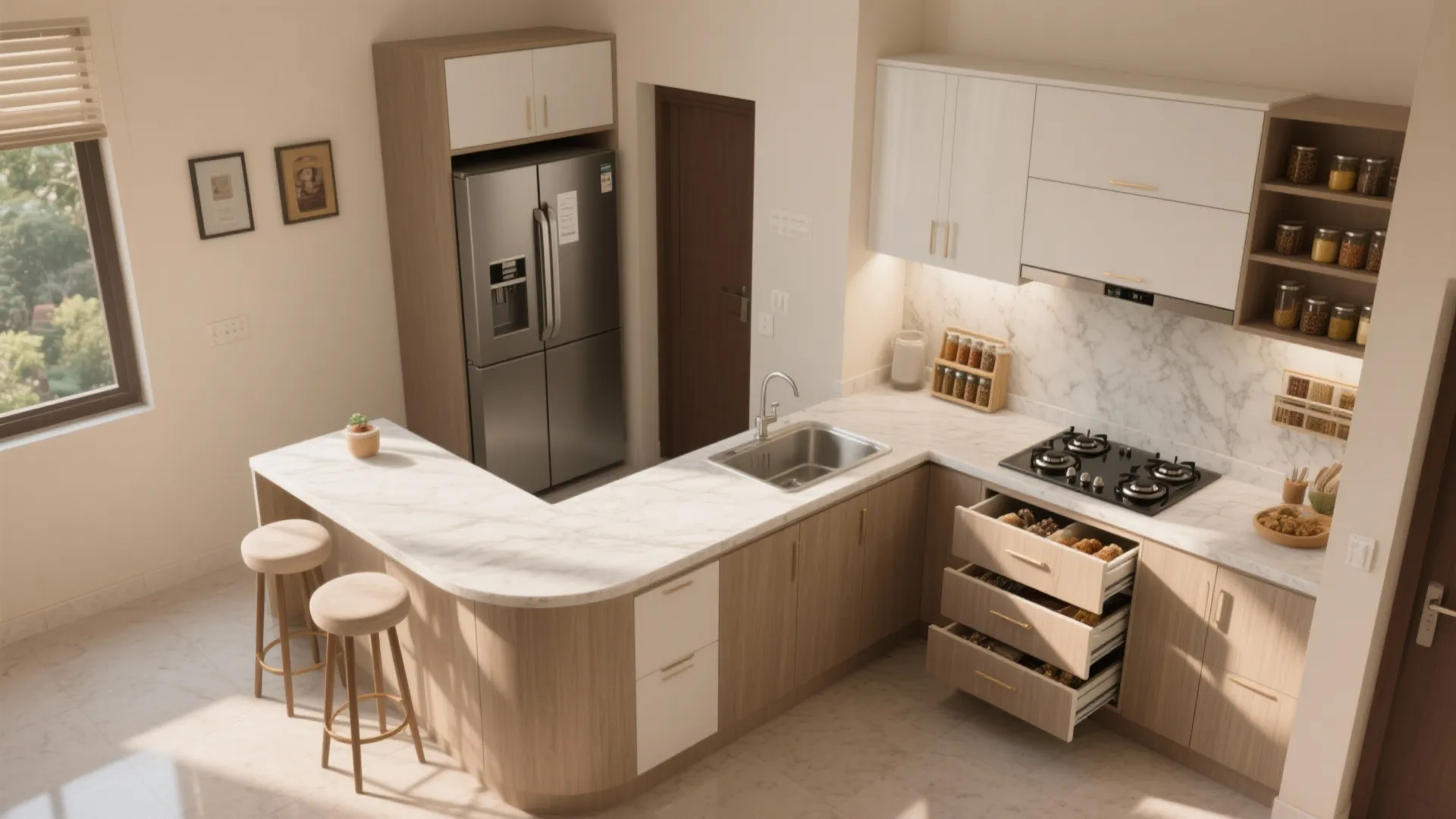 3) L-Shaped Kitchen With a Peninsula and Tall Pantry