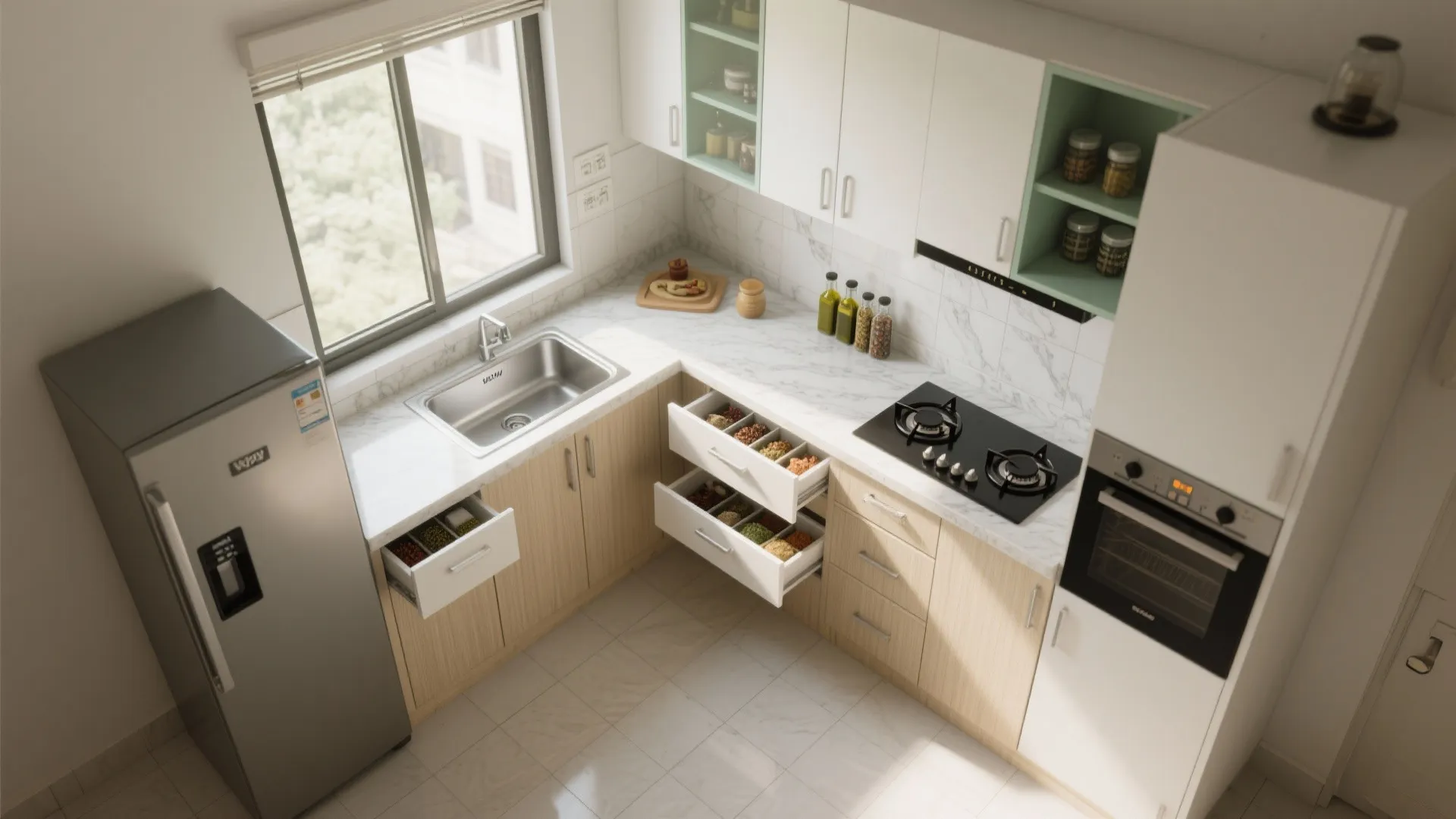 L-Shaped Micro Kitchen with Floor-to-Ceiling Storage