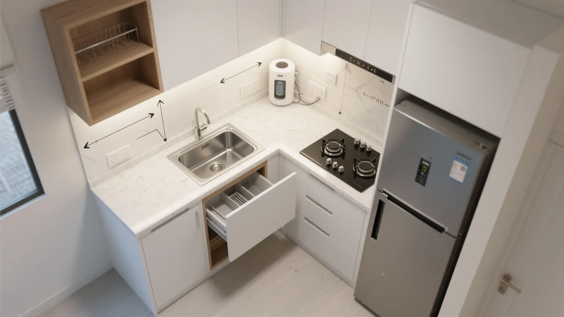 Overhead interior design drawing of small white kitchen with sink stove fridge and open storage drawer