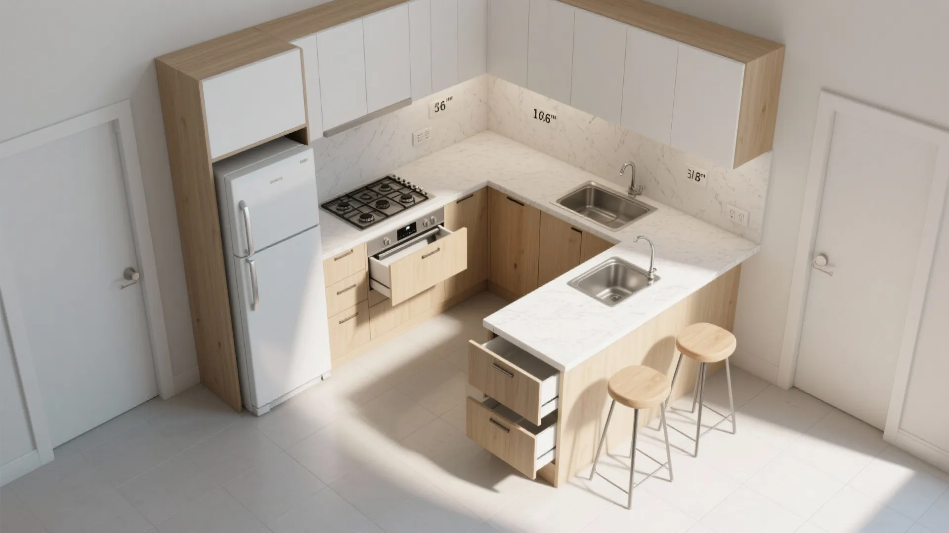2) L-shaped kitchen that protects circulation