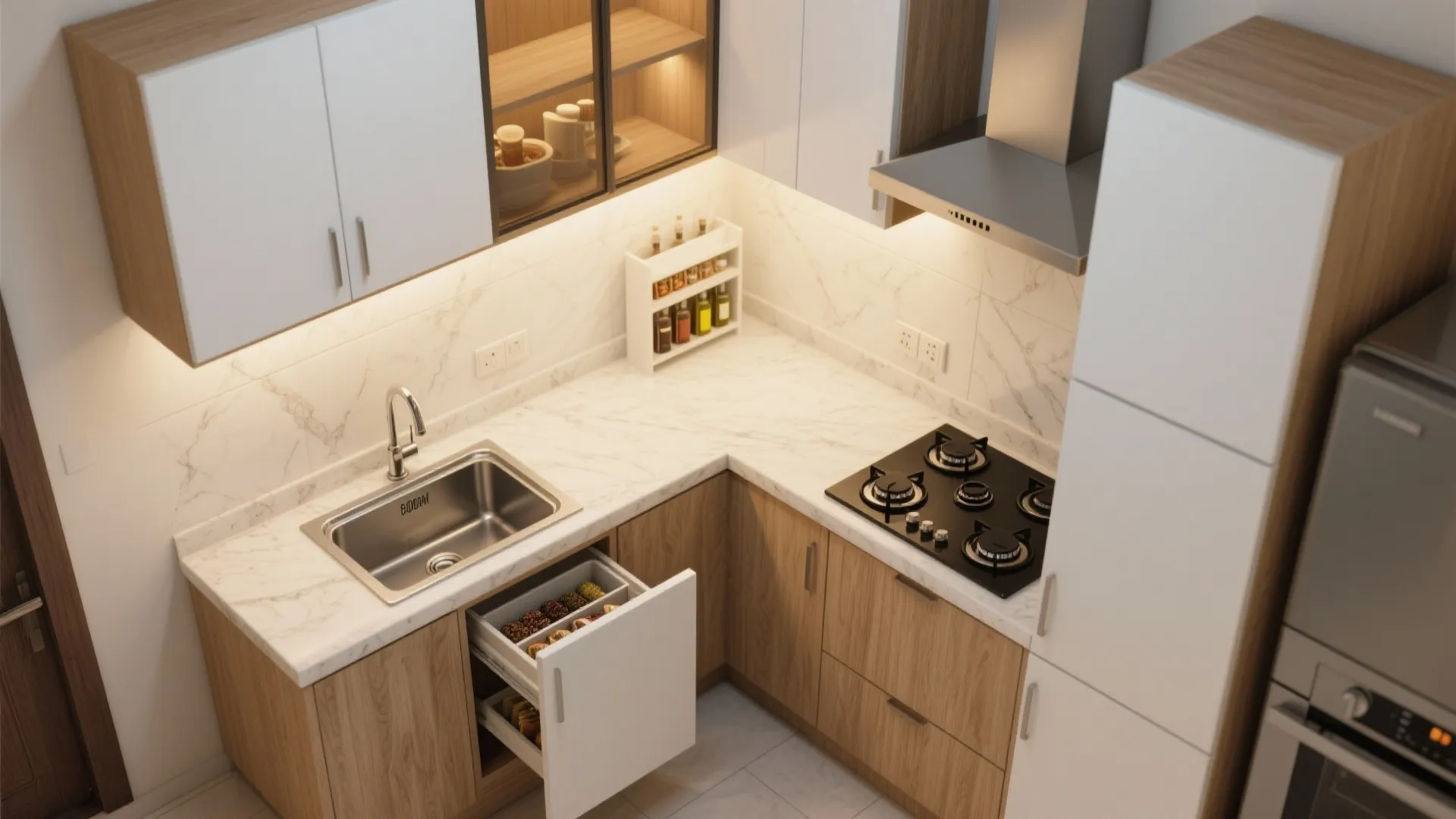L-shaped kitchen with vertical storage and a light palette