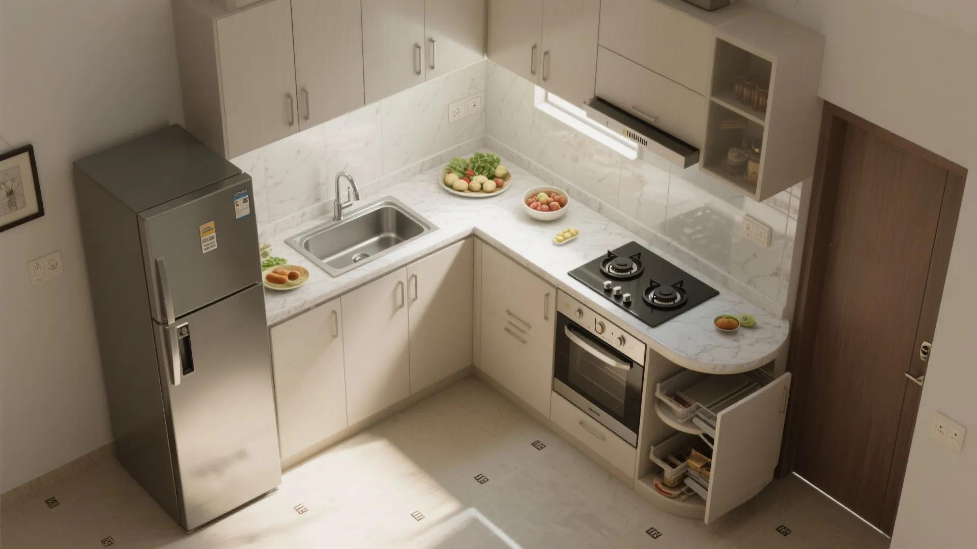 L-shaped micro kitchen with smart clearances