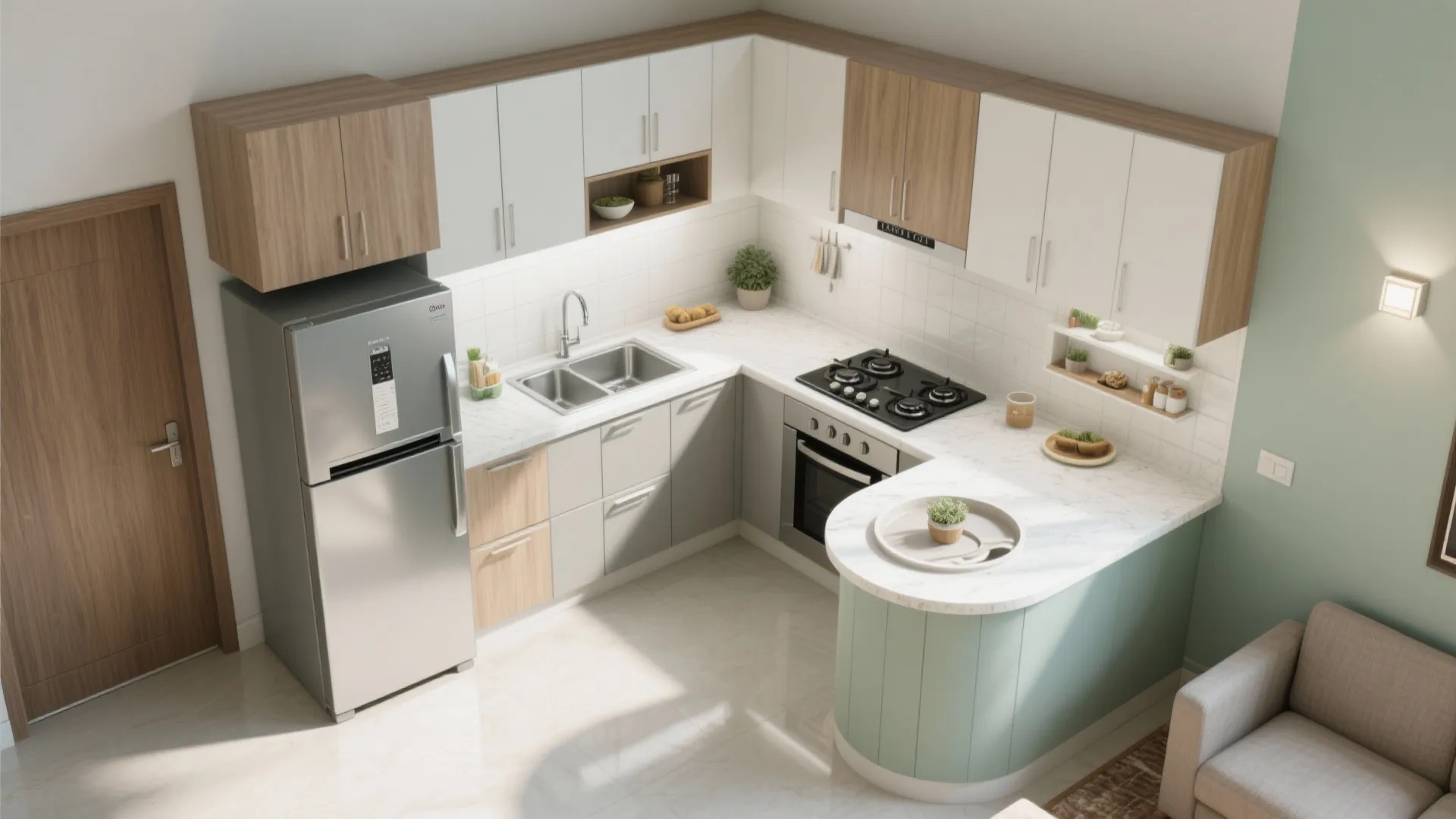 Modern L-shaped kitchen with white and wood cabinets stainless steel fridge sink stove and island