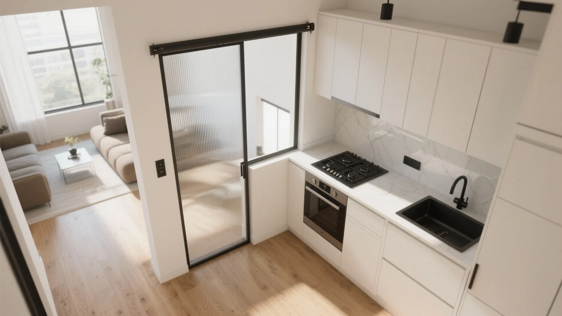 L-Shaped Micro Kitchens with Sliding Glass