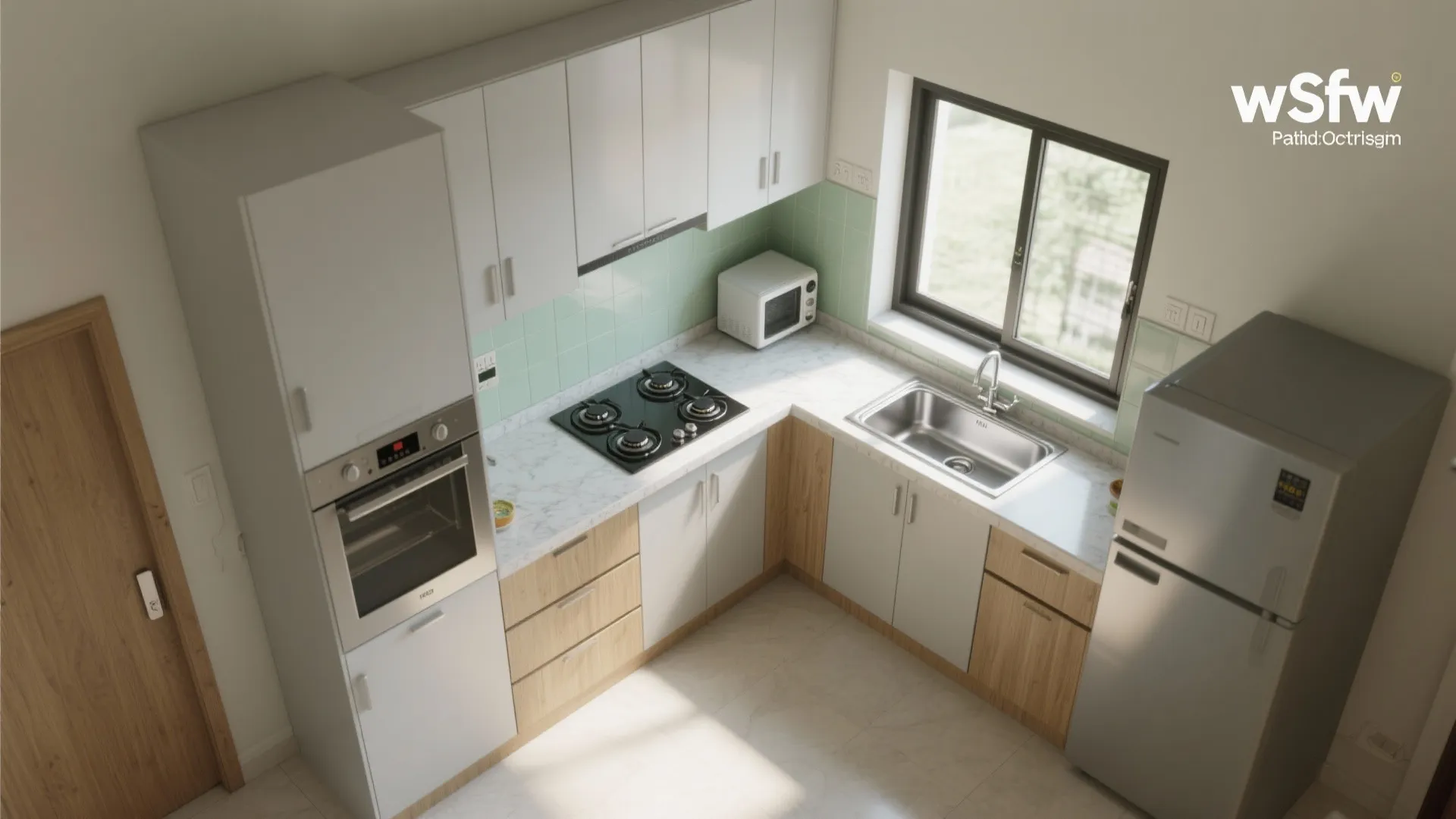 Modern L-shaped kitchen design with white cabinets wood details marble countertop and silver fridge appliance