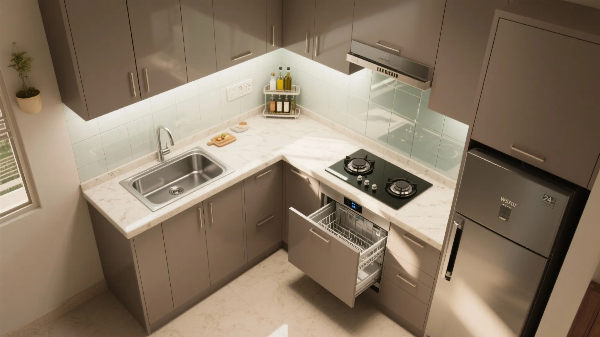 L-shaped kitchen, compact appliances, and a calm workflow