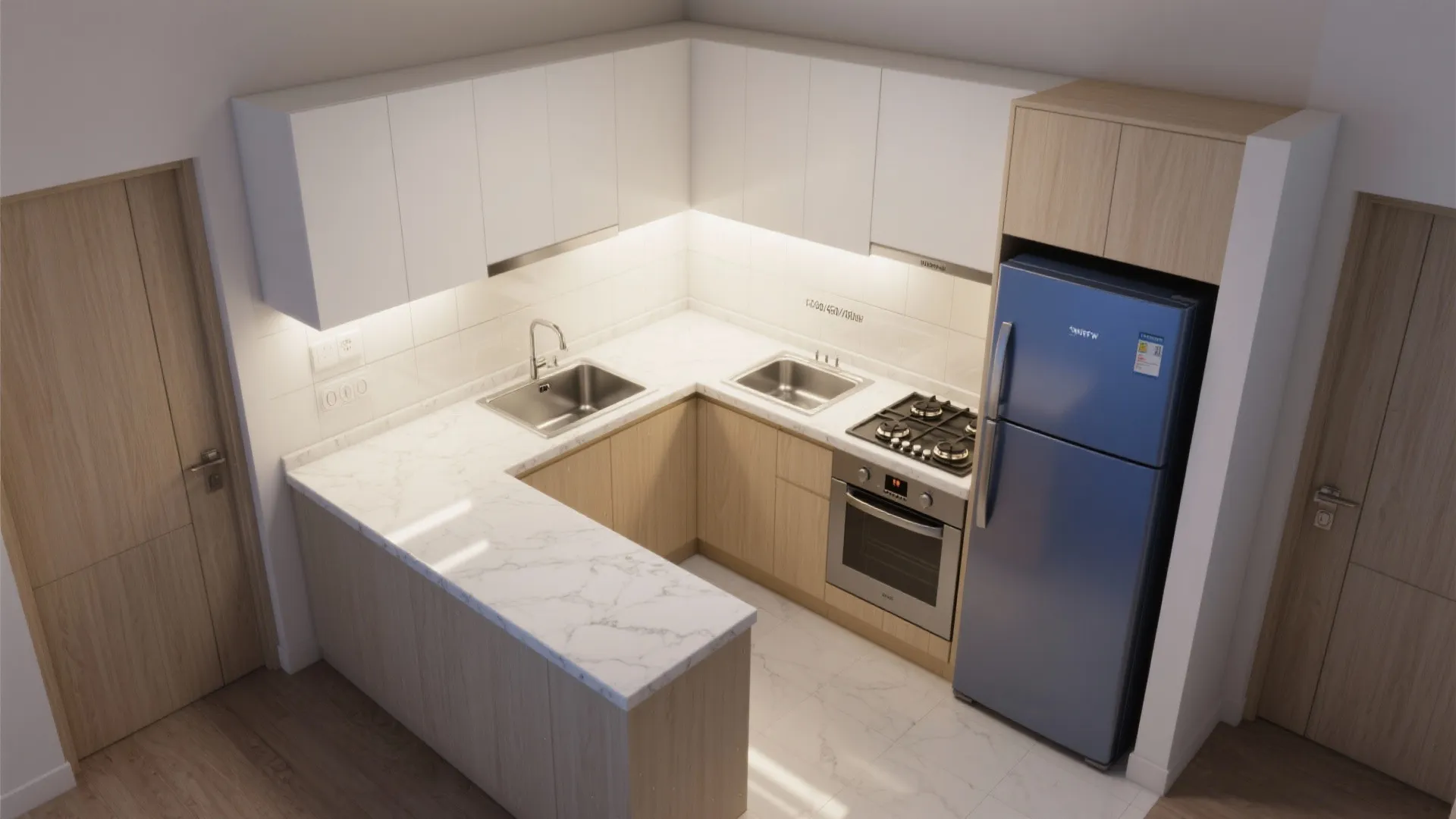 Compact kitchen layout with white marble counter blue fridge stove oven and wooden doors interior design