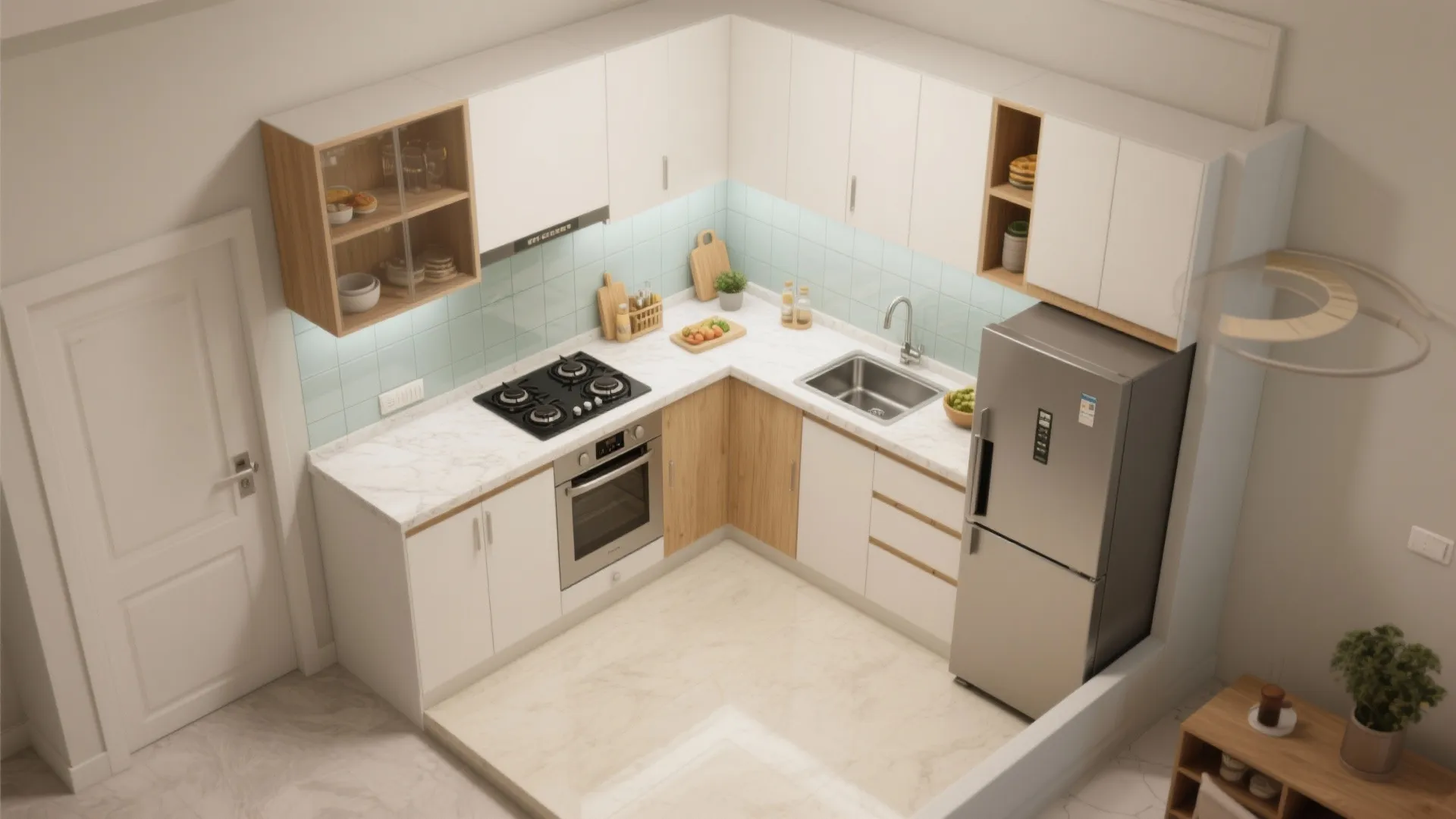 L-shaped micro-kitchen layout for more counter run