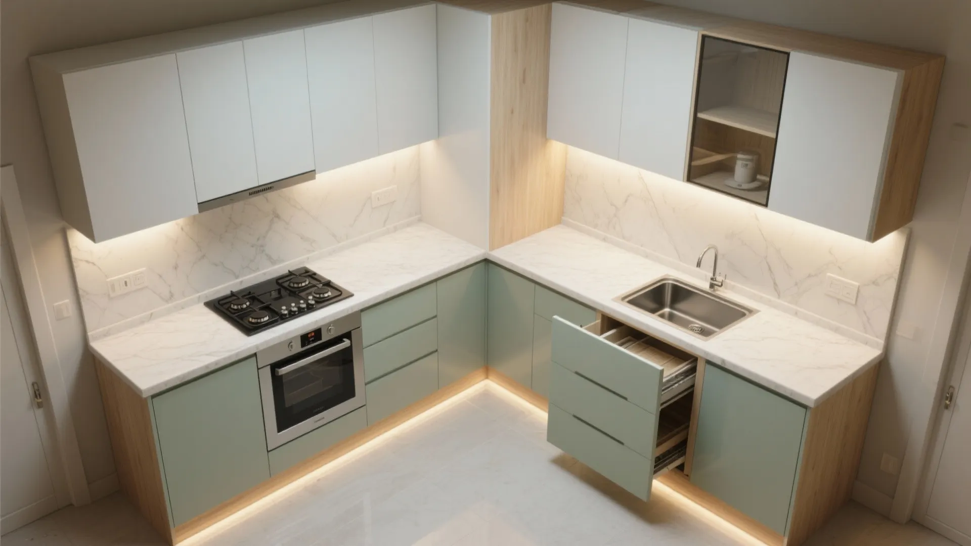 L-Shaped Kitchen Layout to Free Up Walk Space