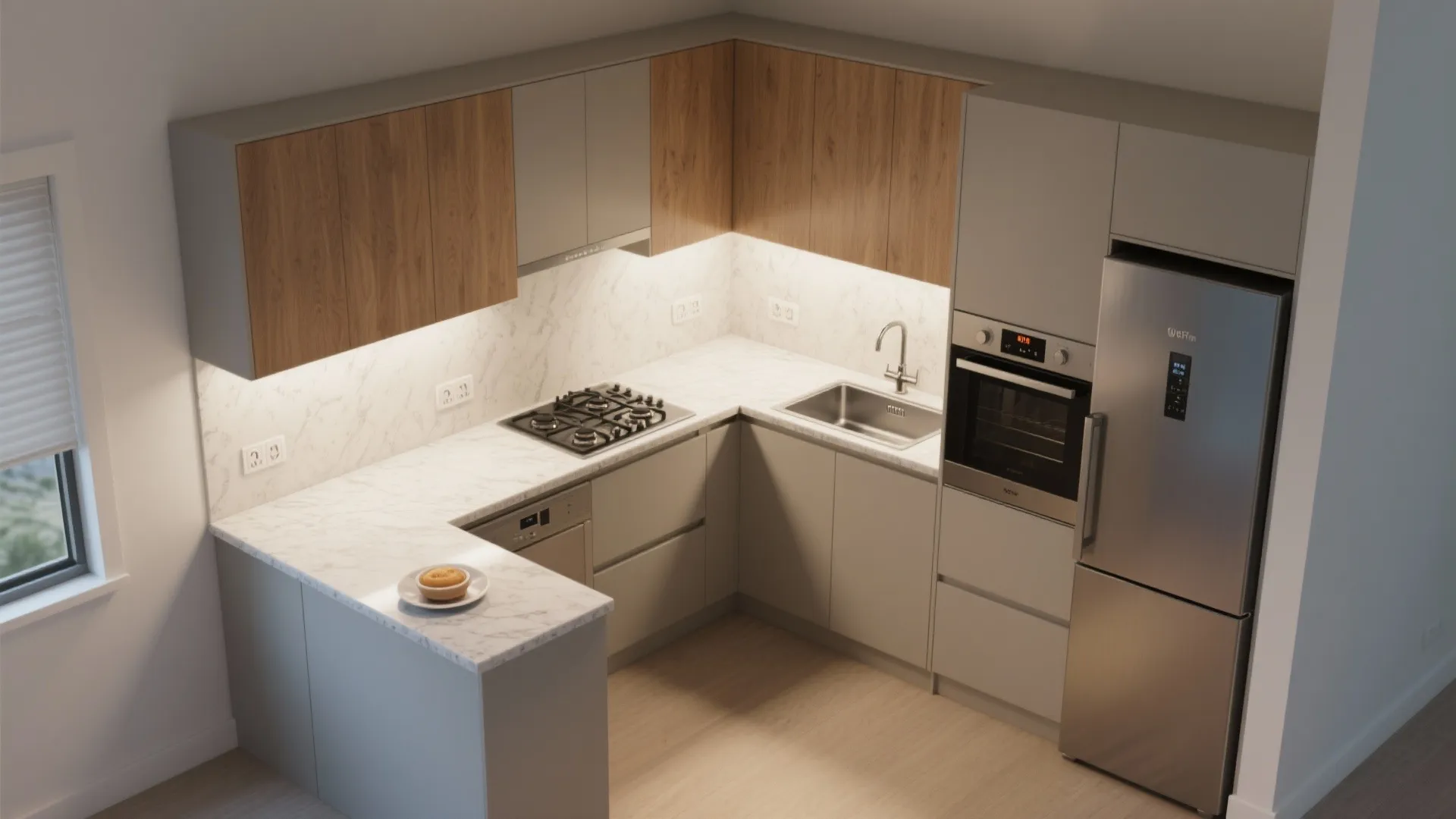 L-shaped kitchen with a compact breakfast counter