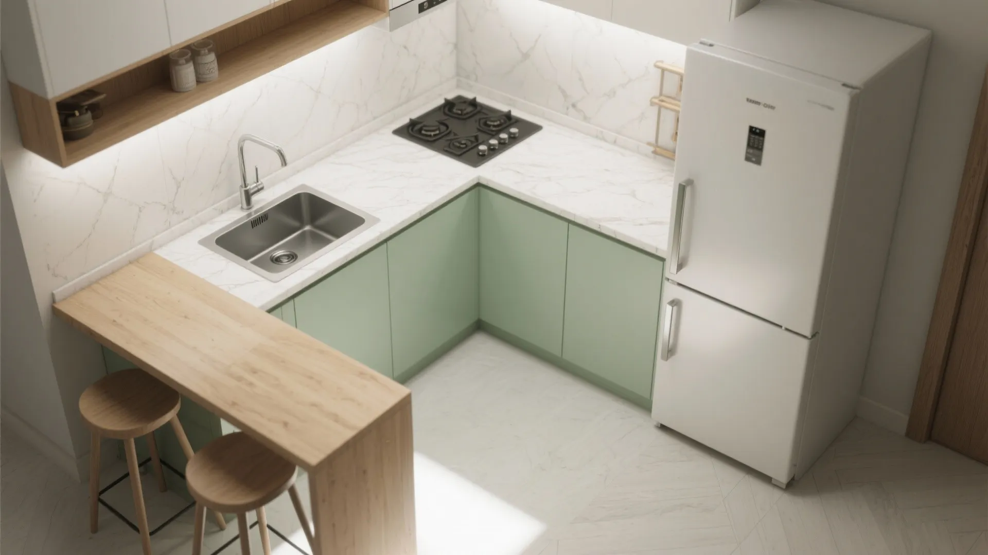An L-shaped small kitchen with a breakfast ledge