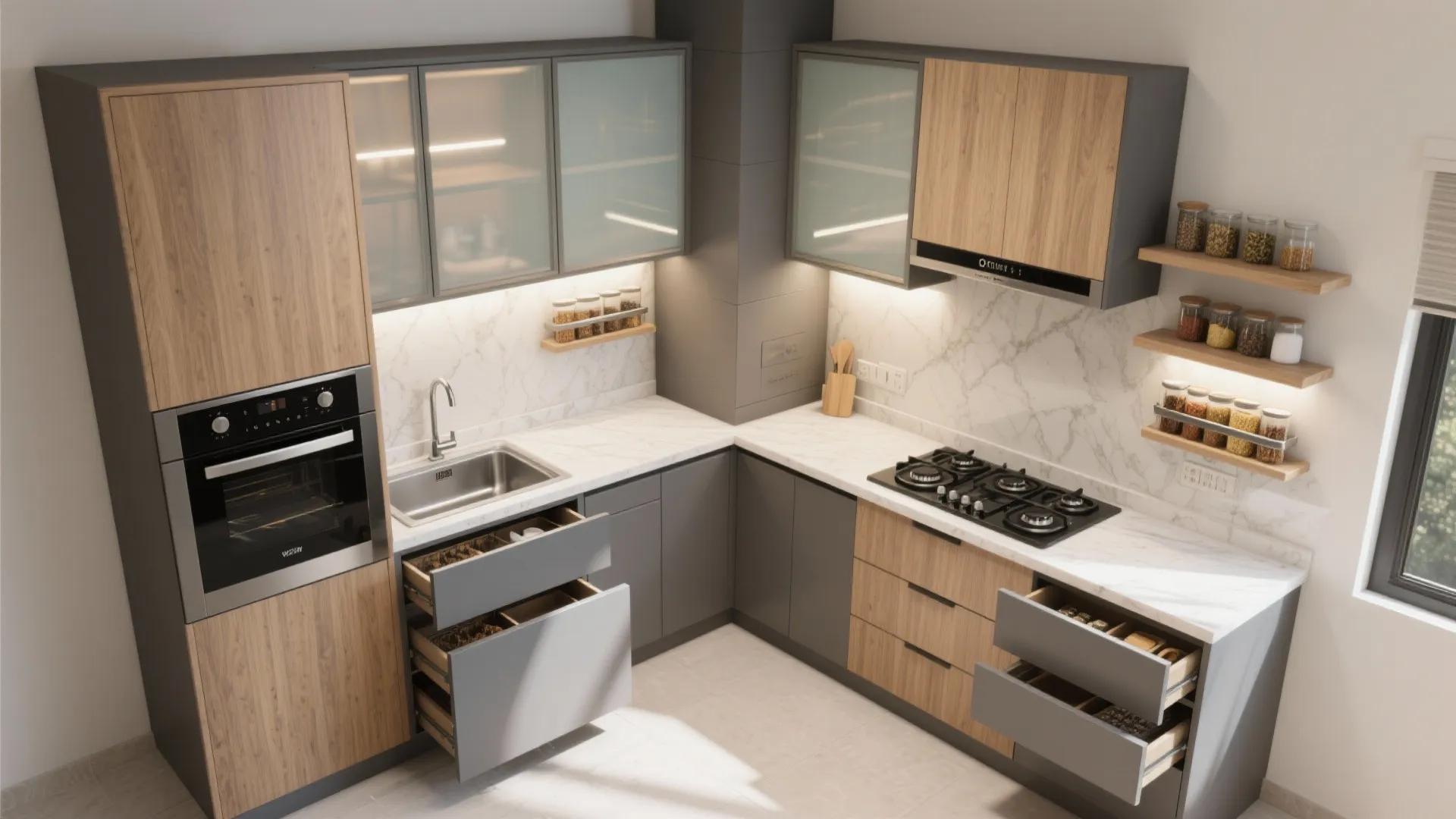 Modular, L-Shaped Kitchen With Vertical Storage