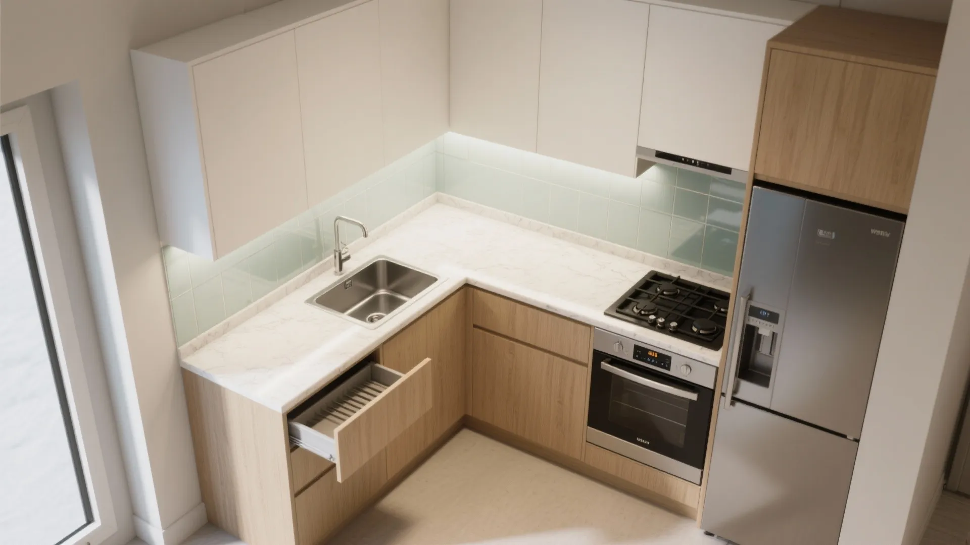 L-shaped kitchen that respects the triangle