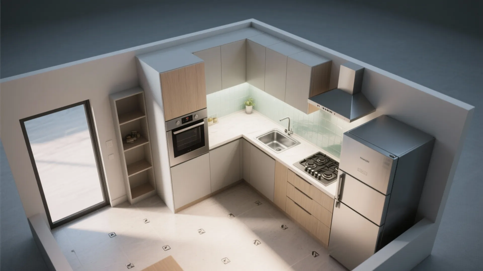 L-shaped kitchen with tall pantry and easy-to-clean glass