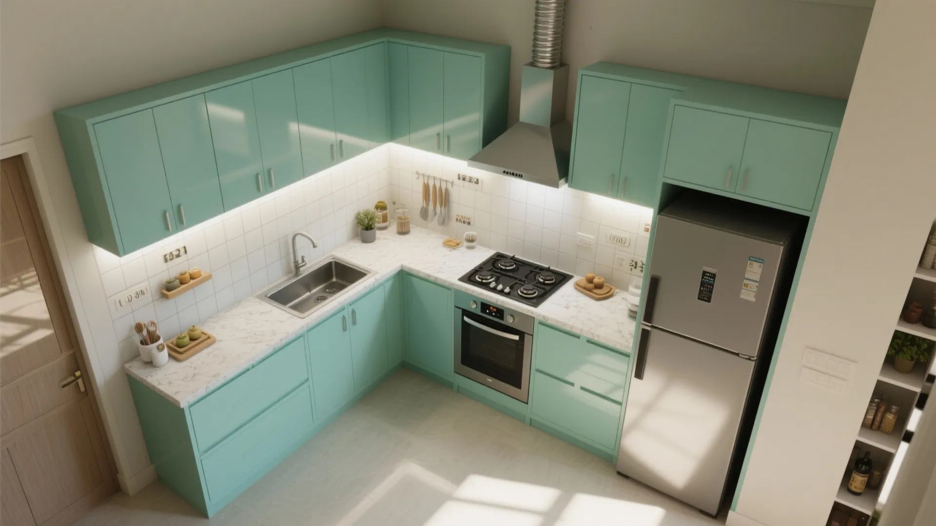 Space-smart modular kitchen with an L-shaped core