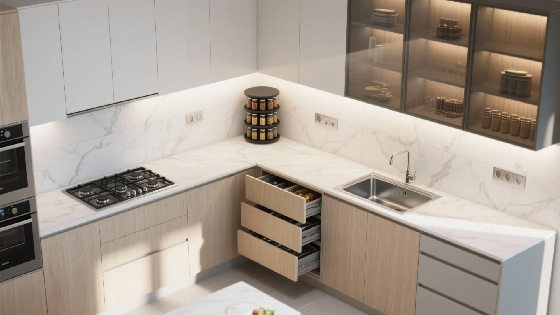 L-shaped modular kitchen with a pantry wall