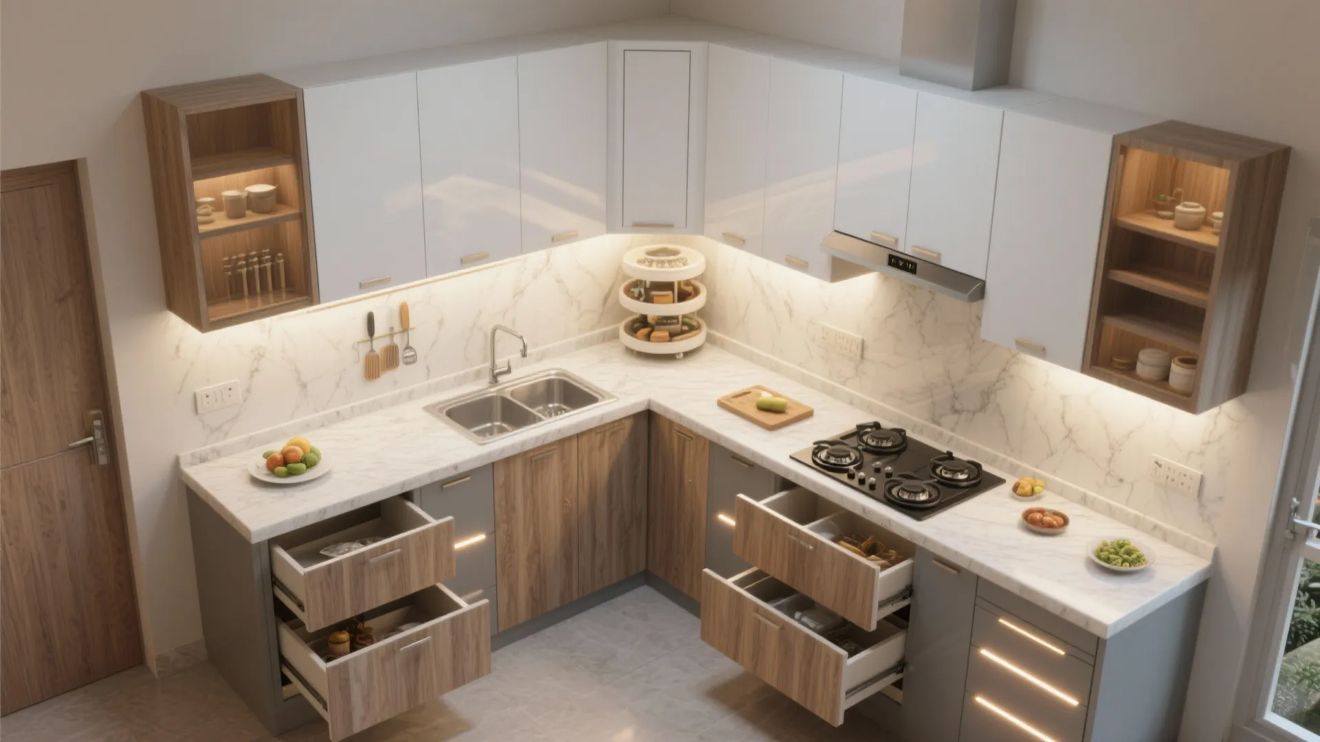 Minimalist Kitchen Storage in an L-Shaped Plan