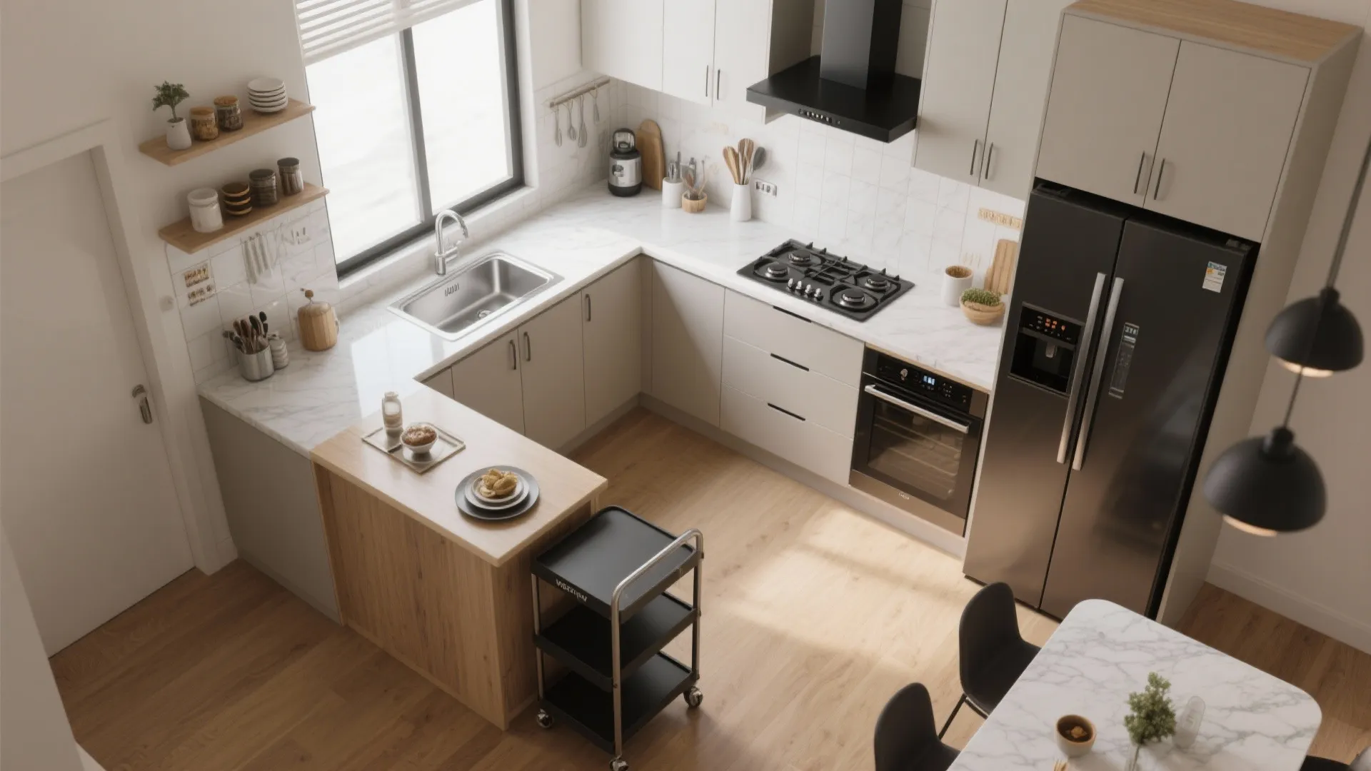 An L-shaped kitchen with a compact prep wing