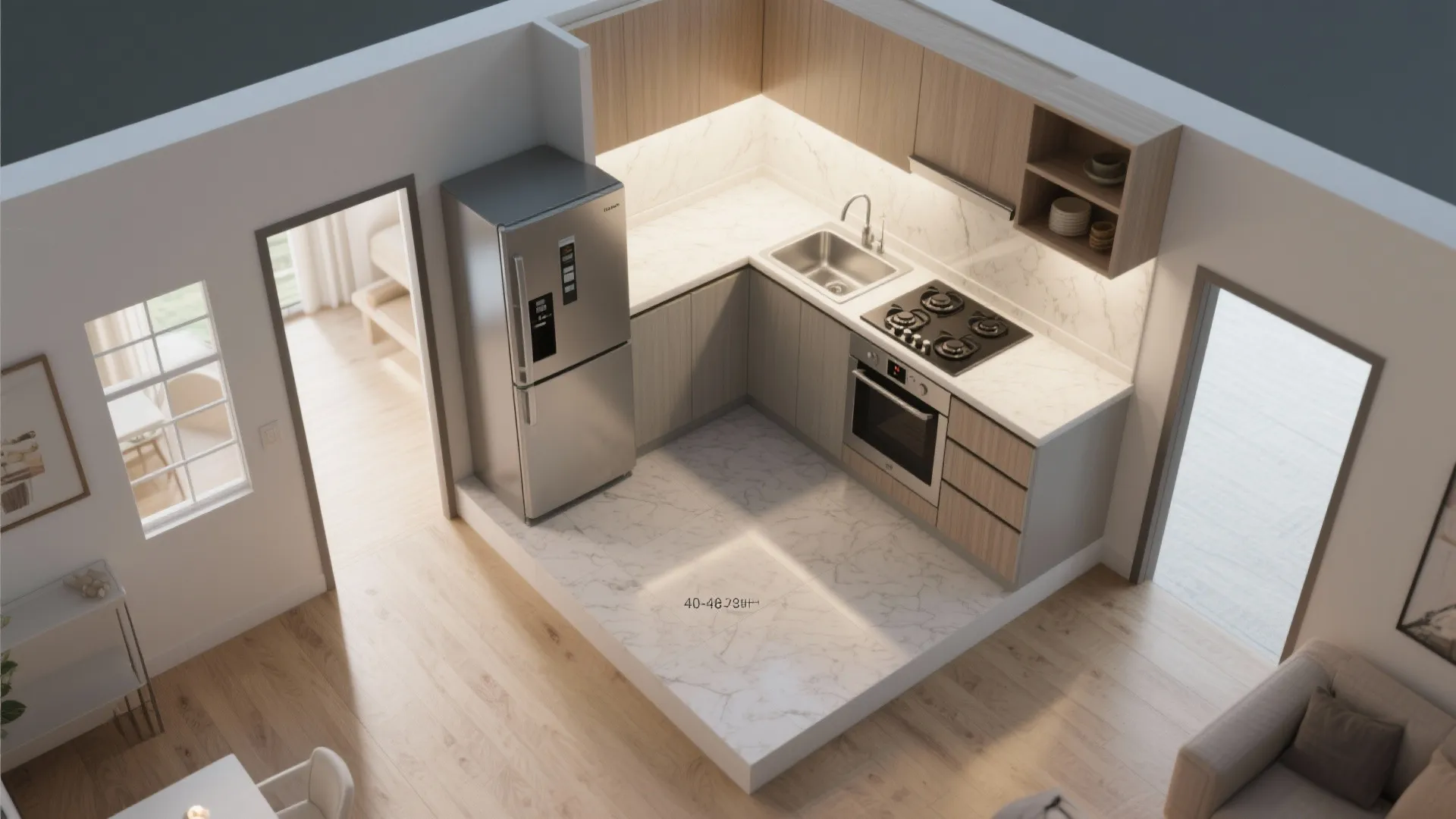 1) An L-shaped Open Kitchen with Light, Easy-Clean Surfaces