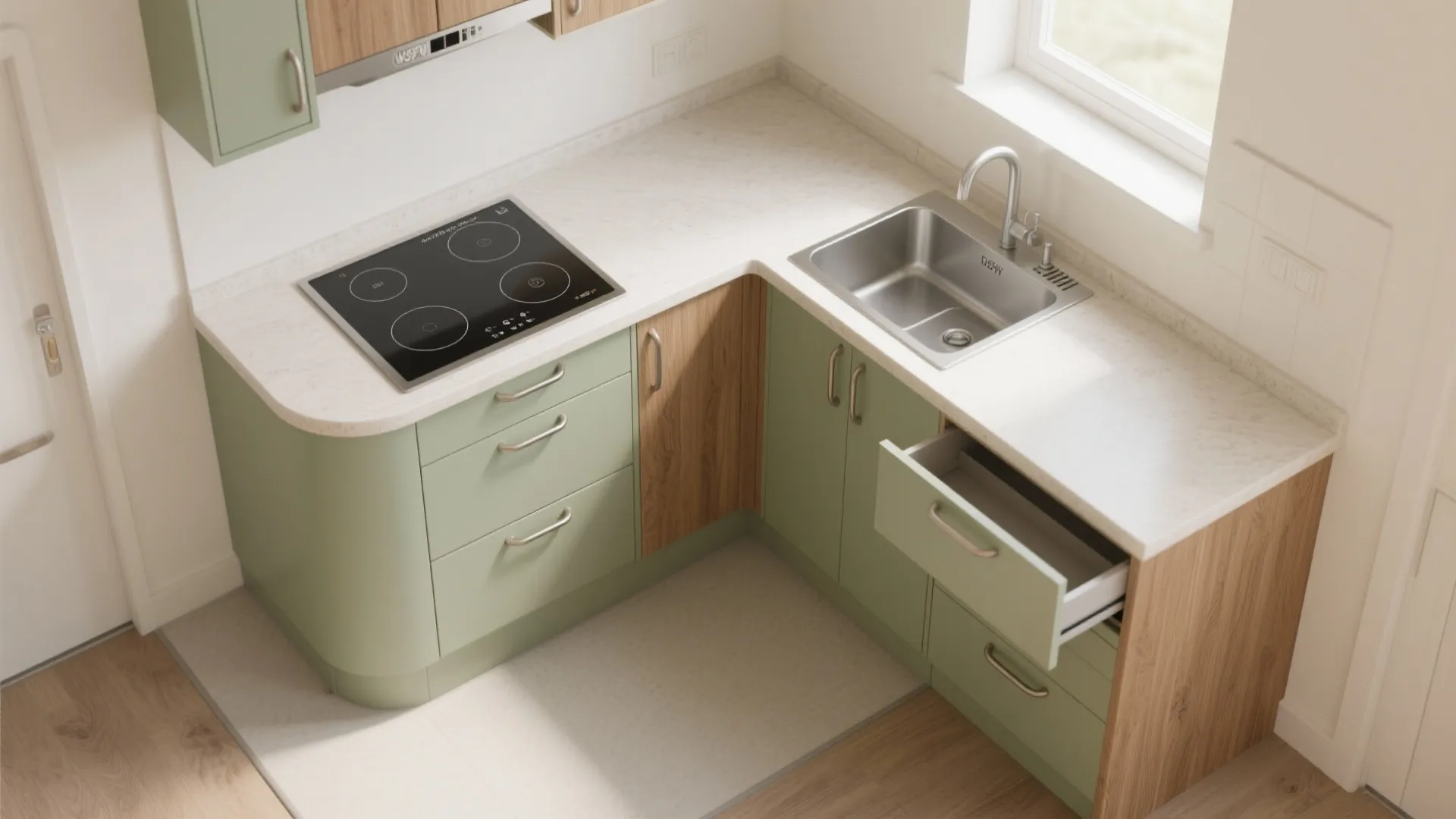 Compact L-shaped kitchenettes for independence