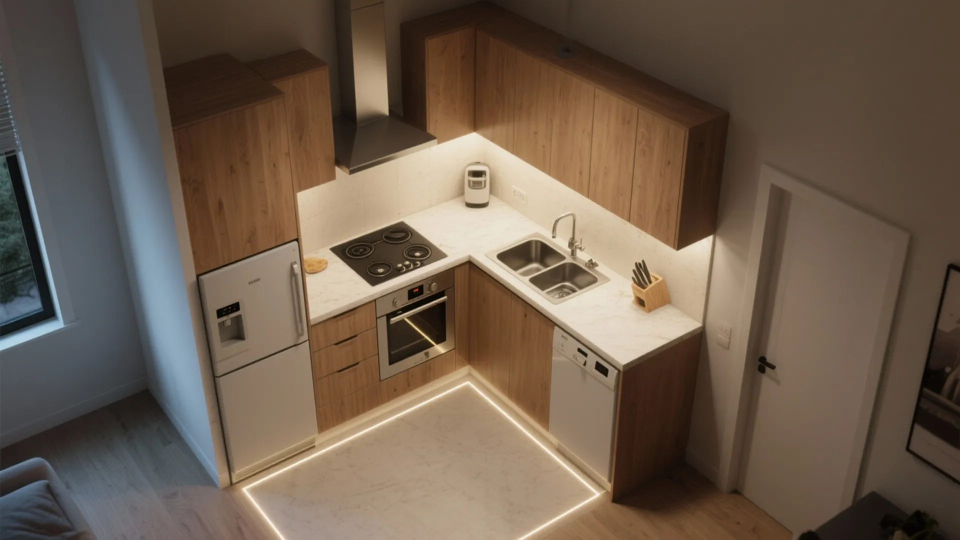 Smart L-shaped kitchen that anchors the four-room flow