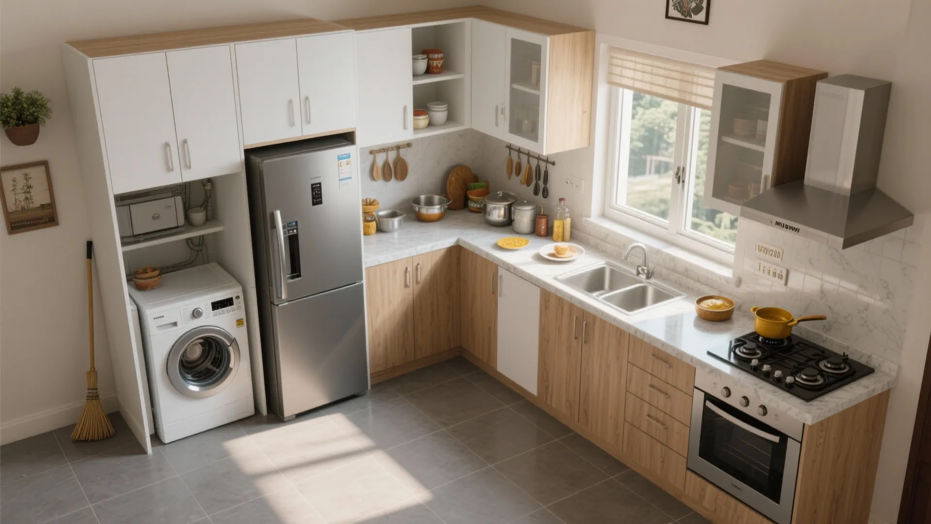 1) L-shaped modular kitchen with a utility pocket