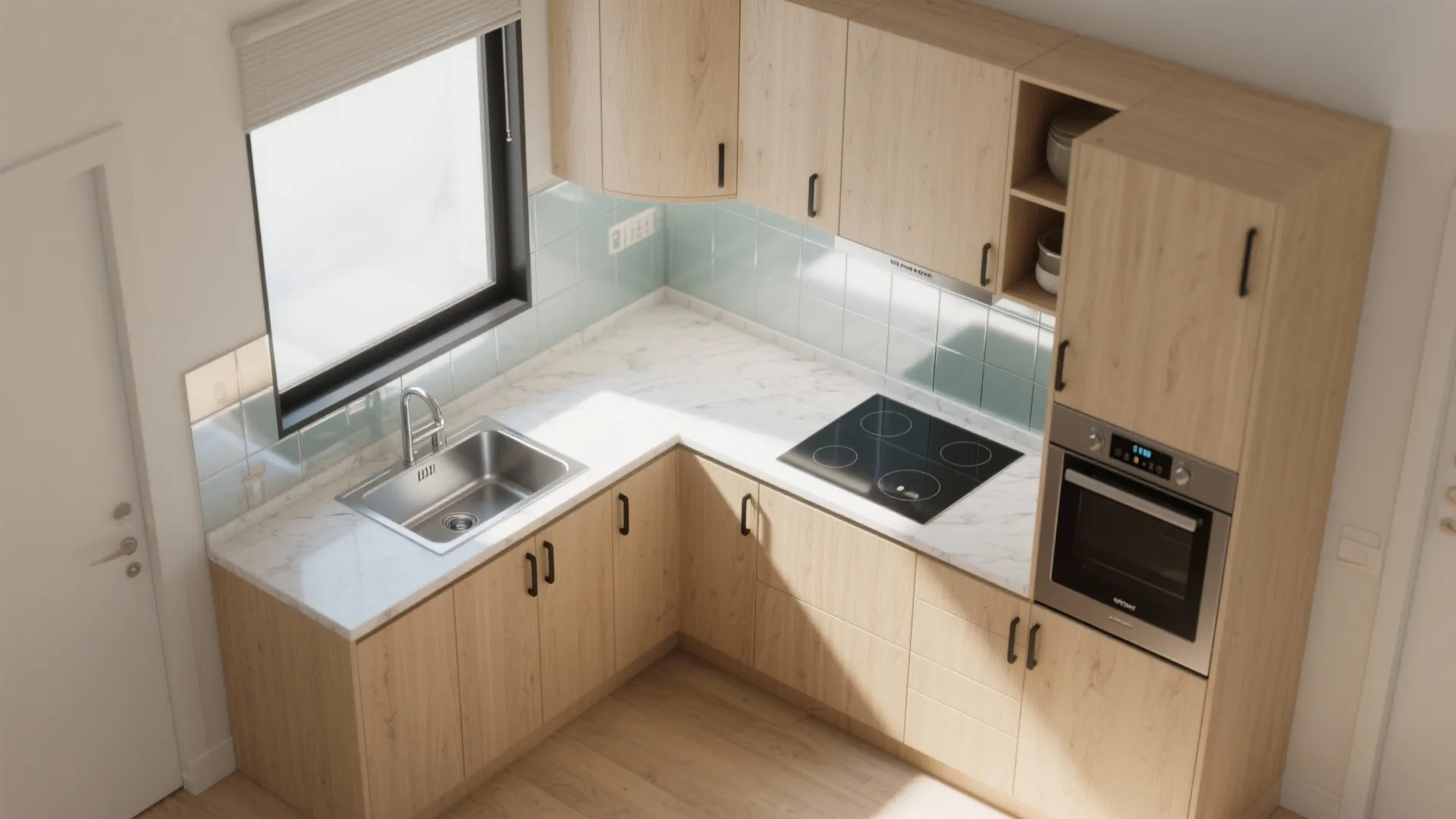 L-Shaped Micro-Kitchen with a Glass Backsplash