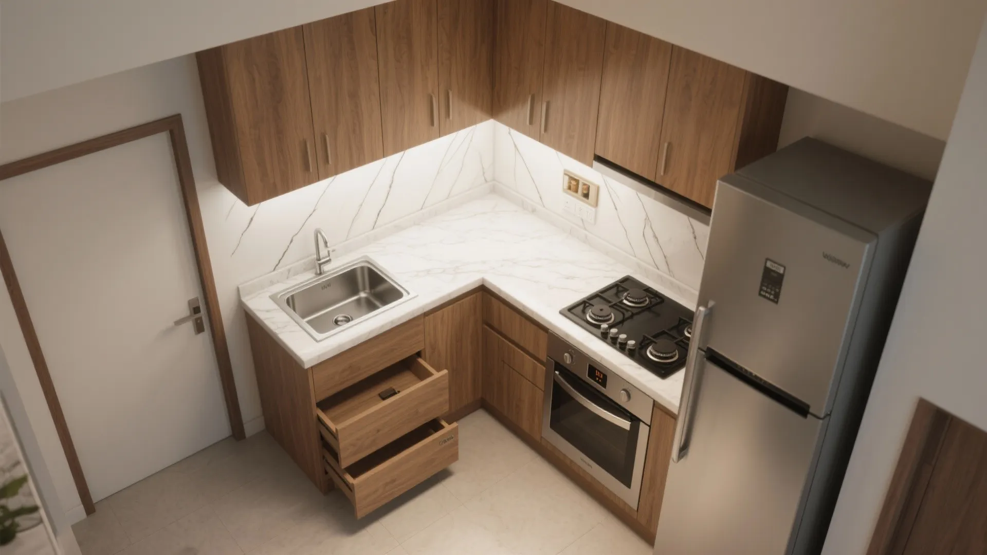 Smart L-shaped small kitchen layout for 1 BHKs