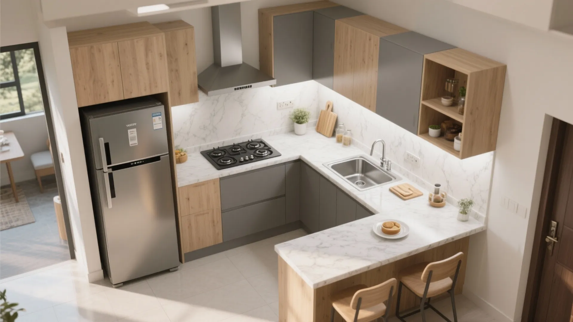 L-shaped layout for a small 2 BHK kitchen