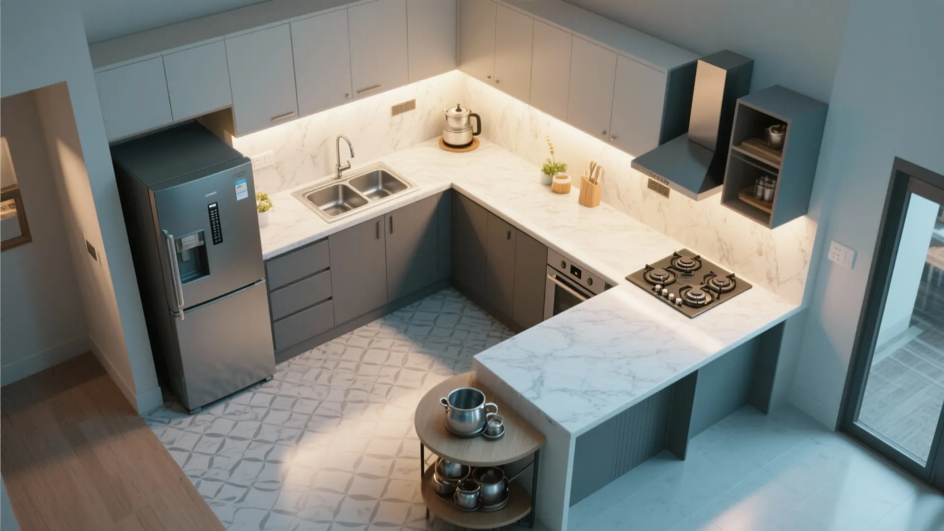 L-shaped small kitchen layout for flow and extra counter space