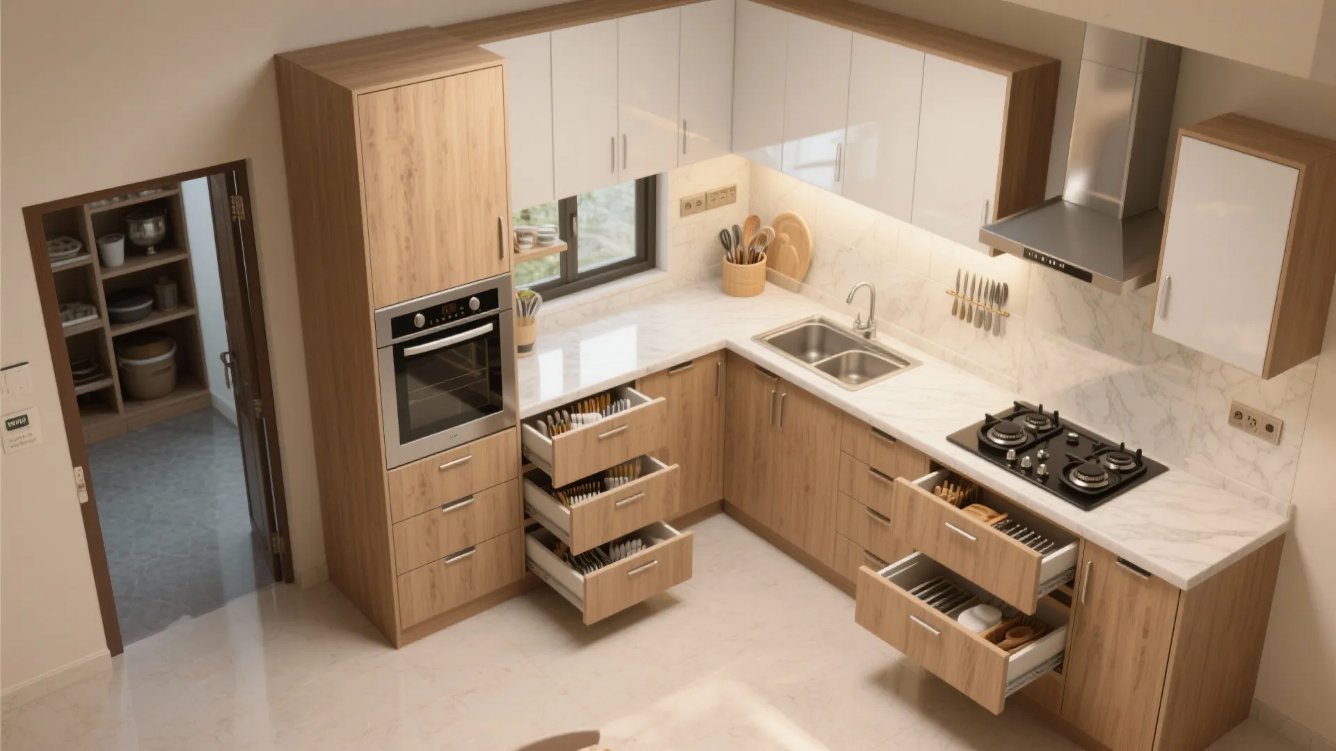 3) L-Shaped Micro Kitchen with Tall Pantry