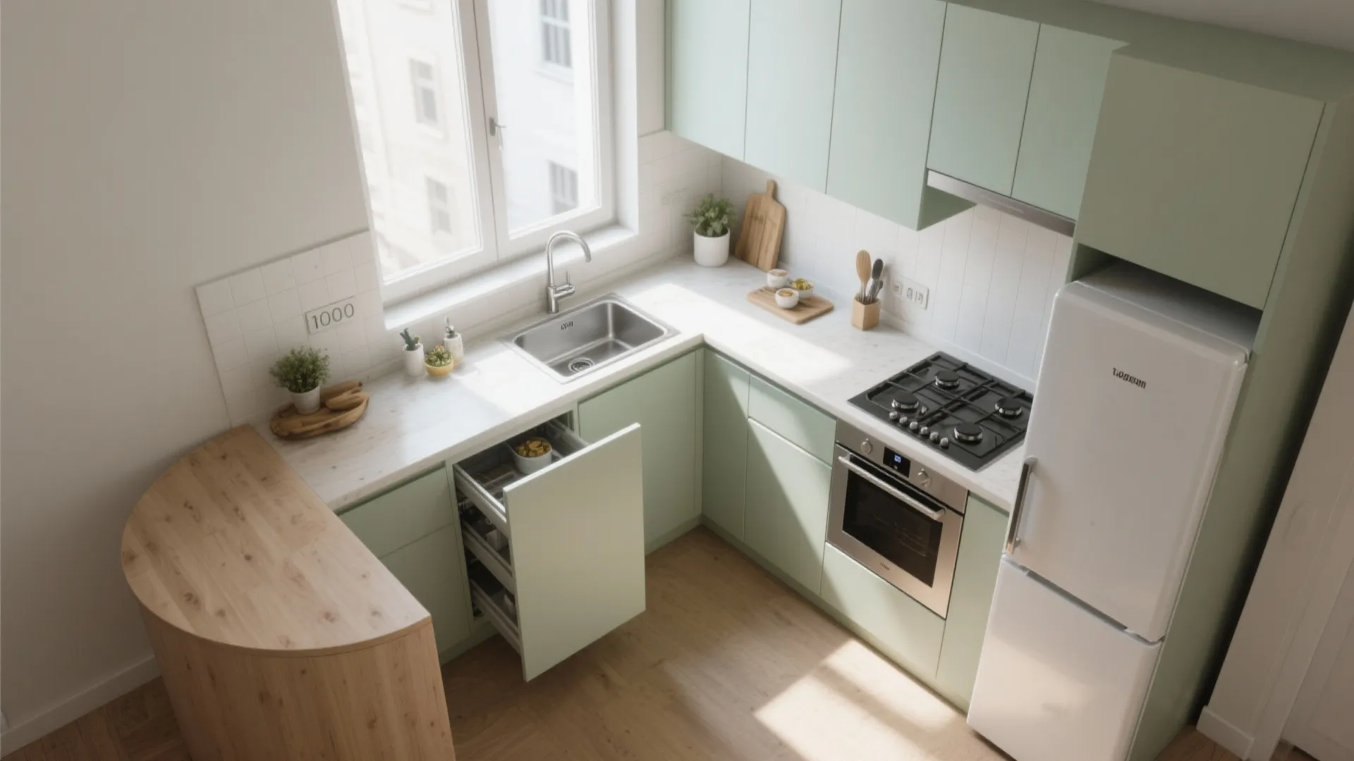 Top-down view of an L-shaped kitchen showing work zones and corner storage in a compact layout.