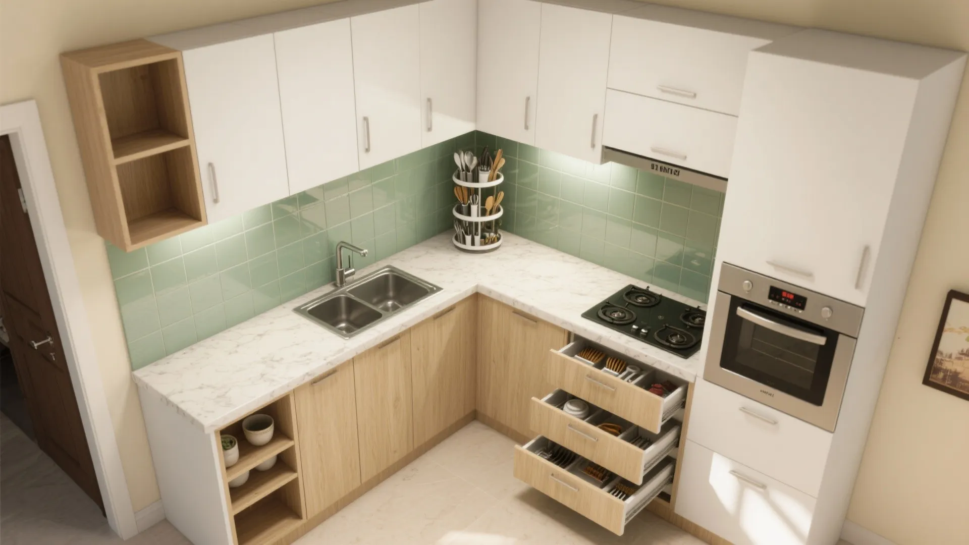L-shaped micro-kitchen with tall pull-outs