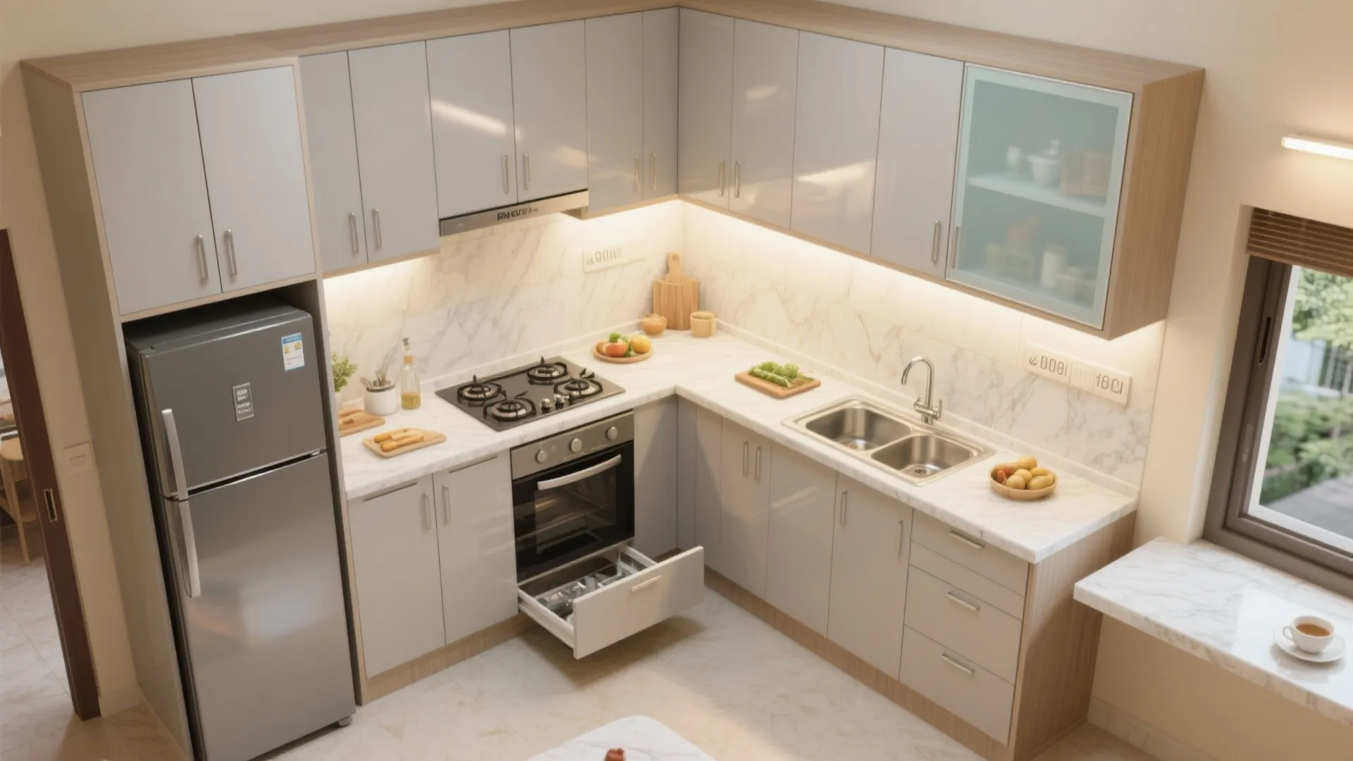 Modular L-shaped kitchen with reflective finishes