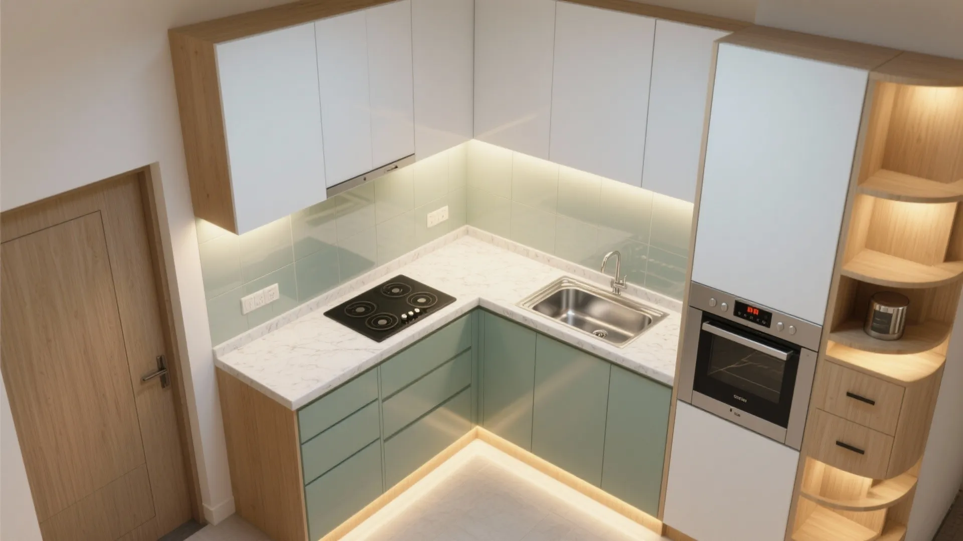 L-shaped small kitchen with a breakfast ledge