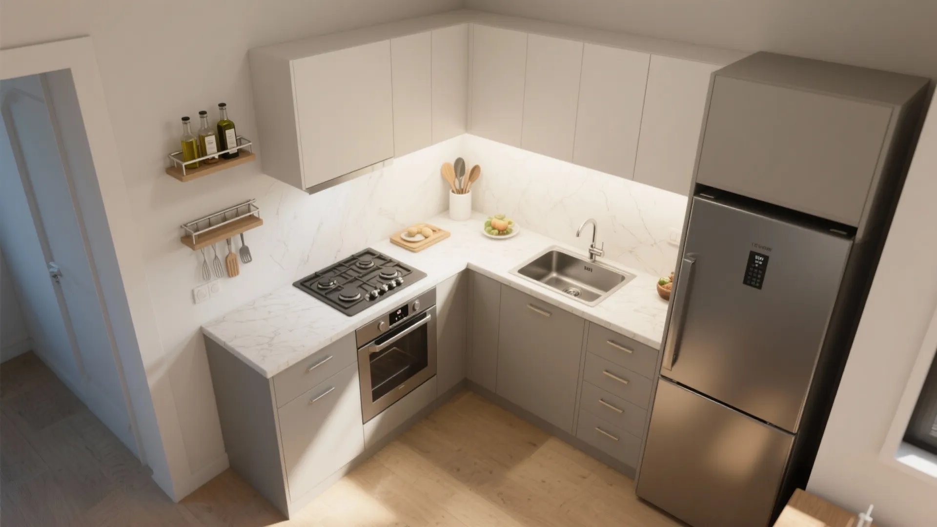 Modern L-shaped kitchen with gray cabinets, white marble countertops, stainless steel sink, oven, and refrigerator