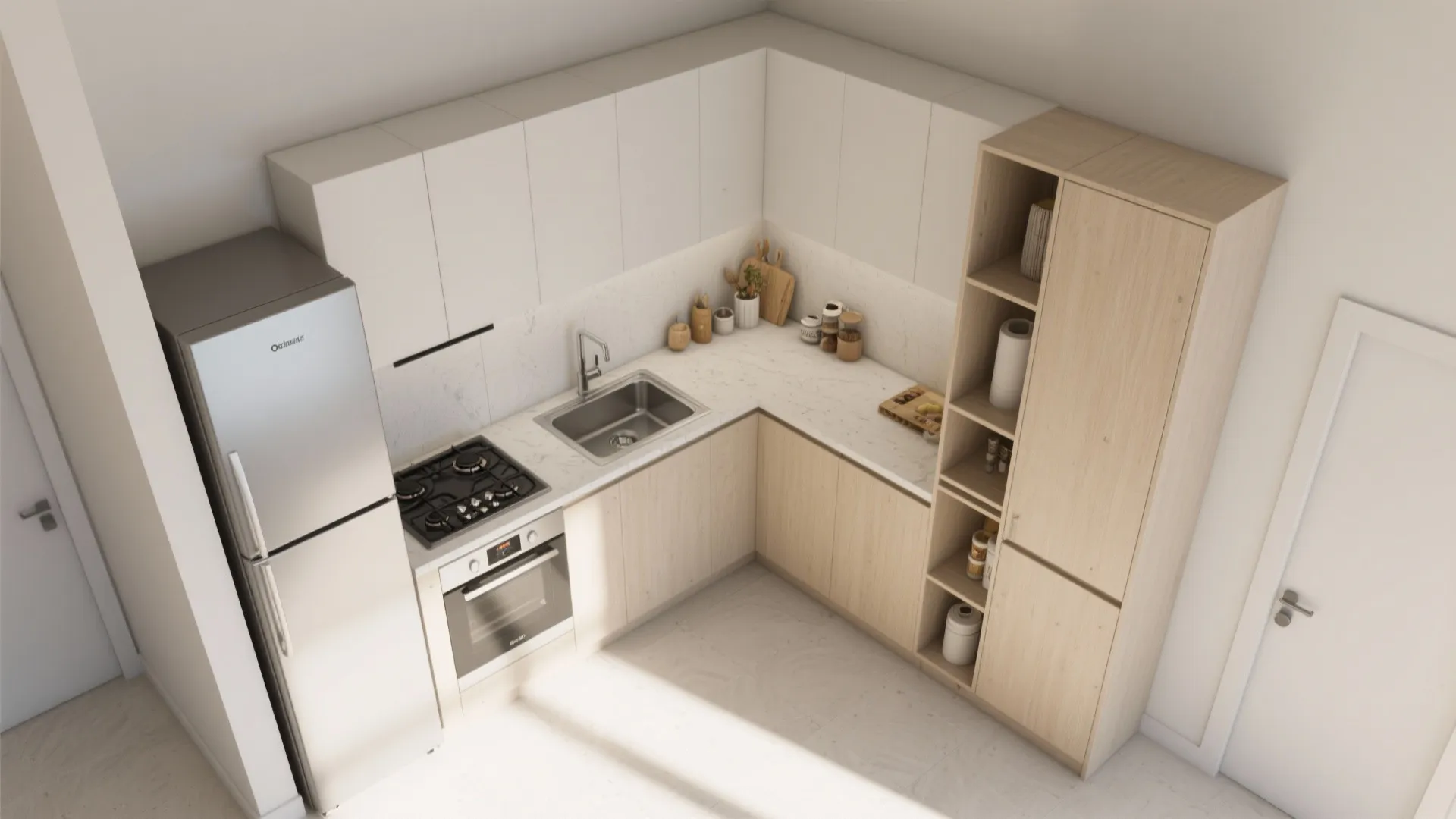 Compact Kitchen: L-Shape, Tall Storage, and Ventilation