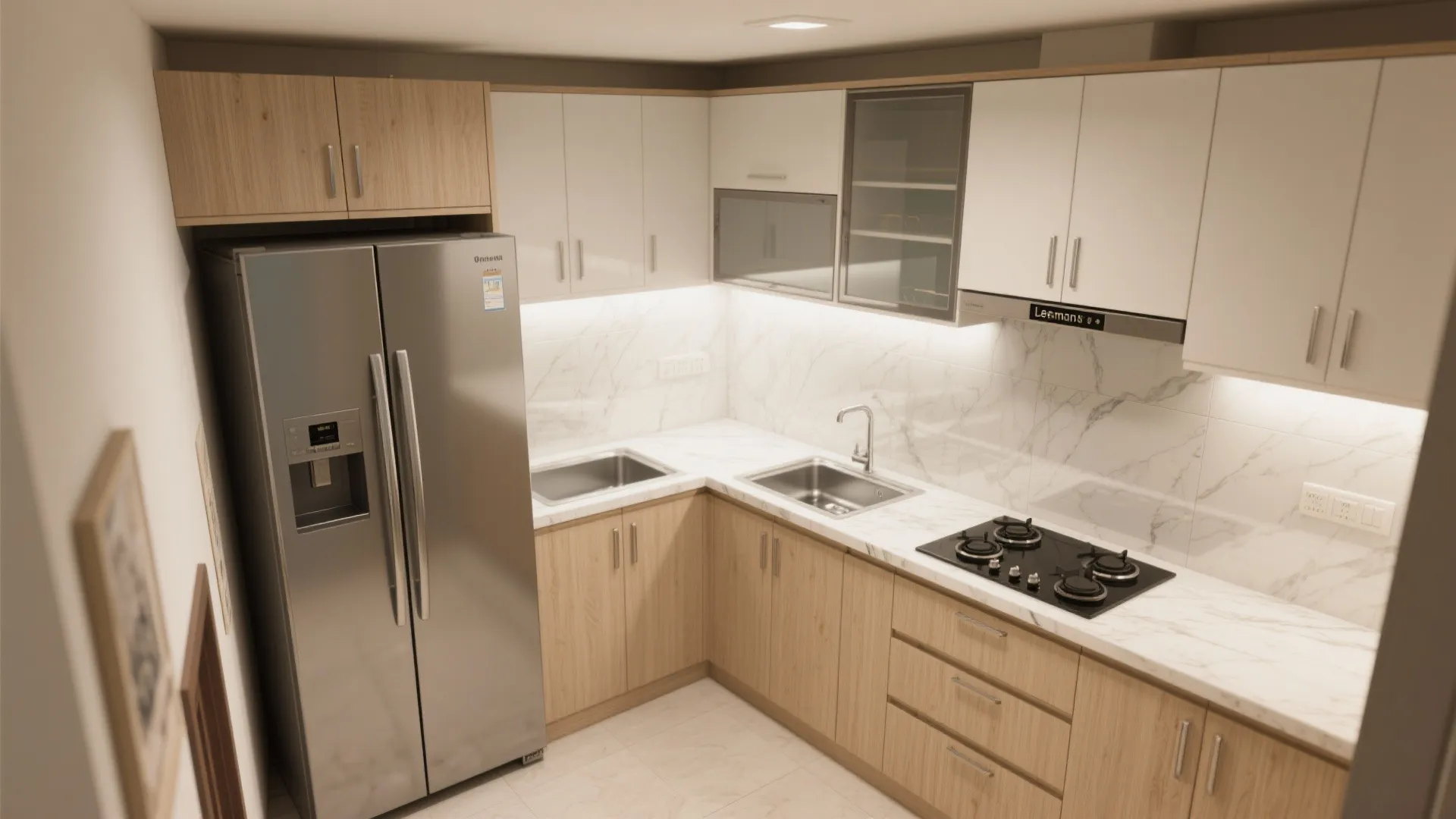 L-shaped modular kitchen with a glass backsplash and tall pantry