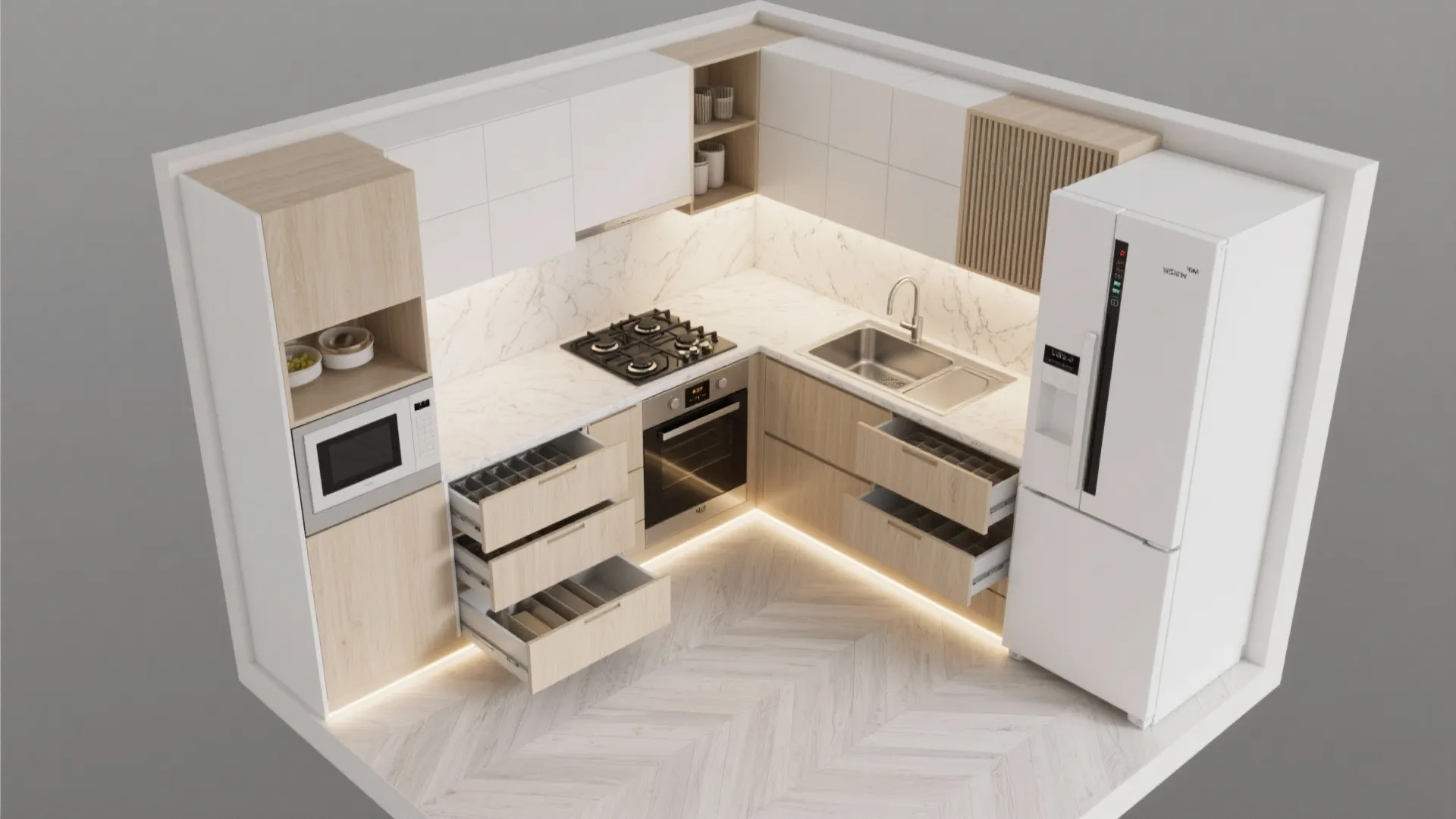 Minimalist modular storage for compact kitchens