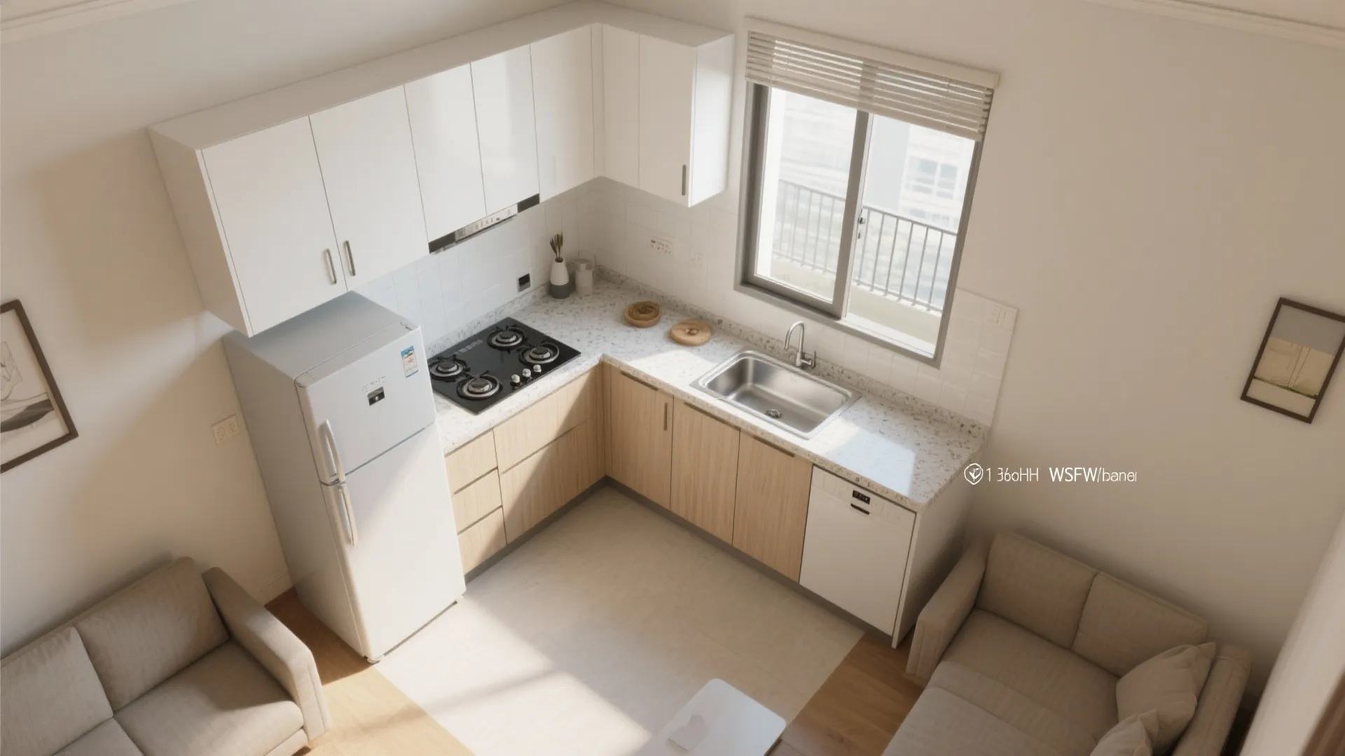 Top down view of small kitchen layout with white cabinets fridge sink and wooden floor