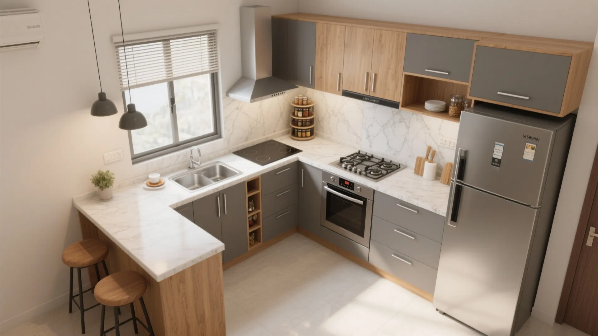 Compact L-shaped kitchen with a breakfast ledge