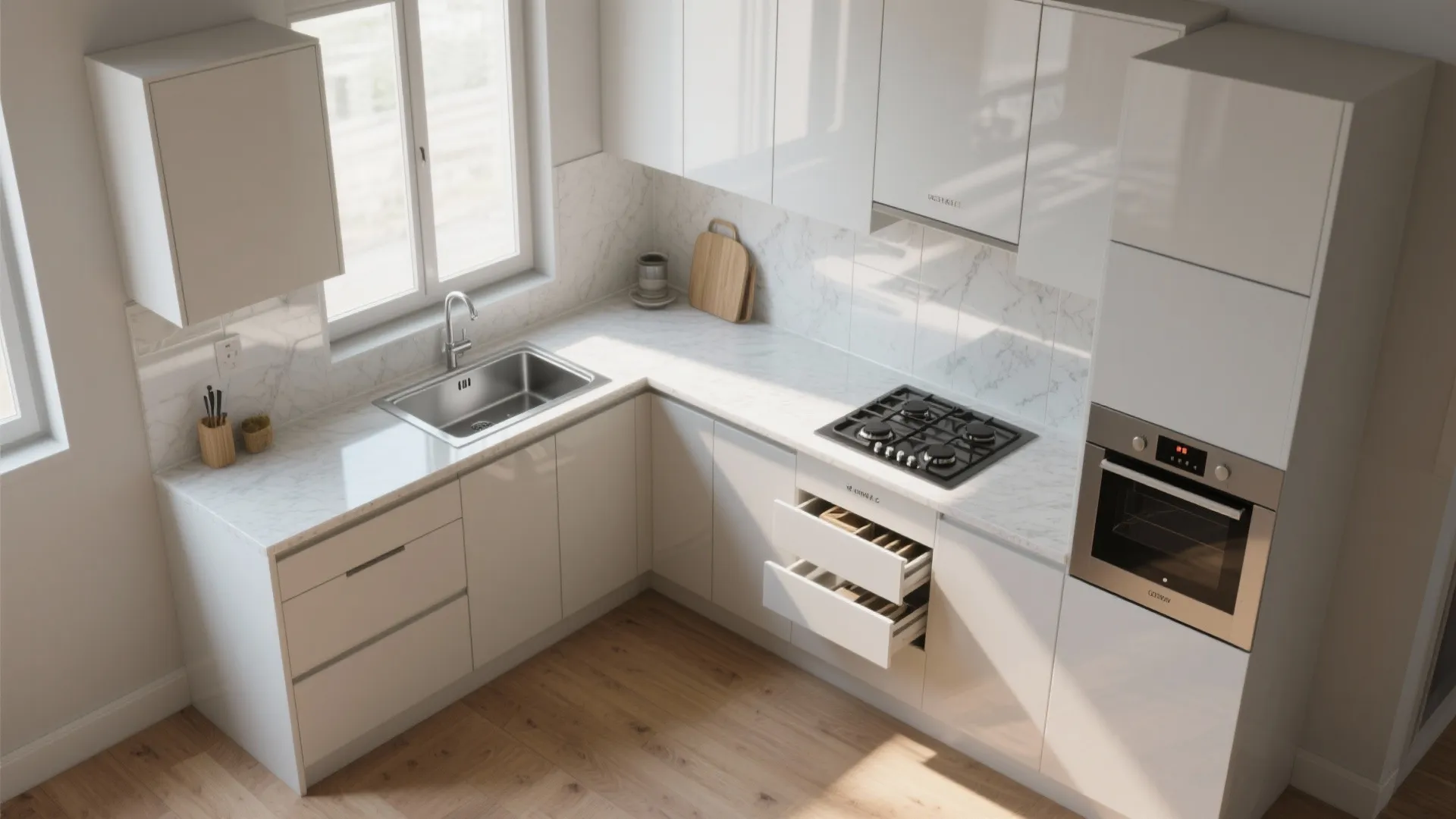 White L-shaped kitchen with marble countertop stainless sink gas stove built-in oven and wood flooring