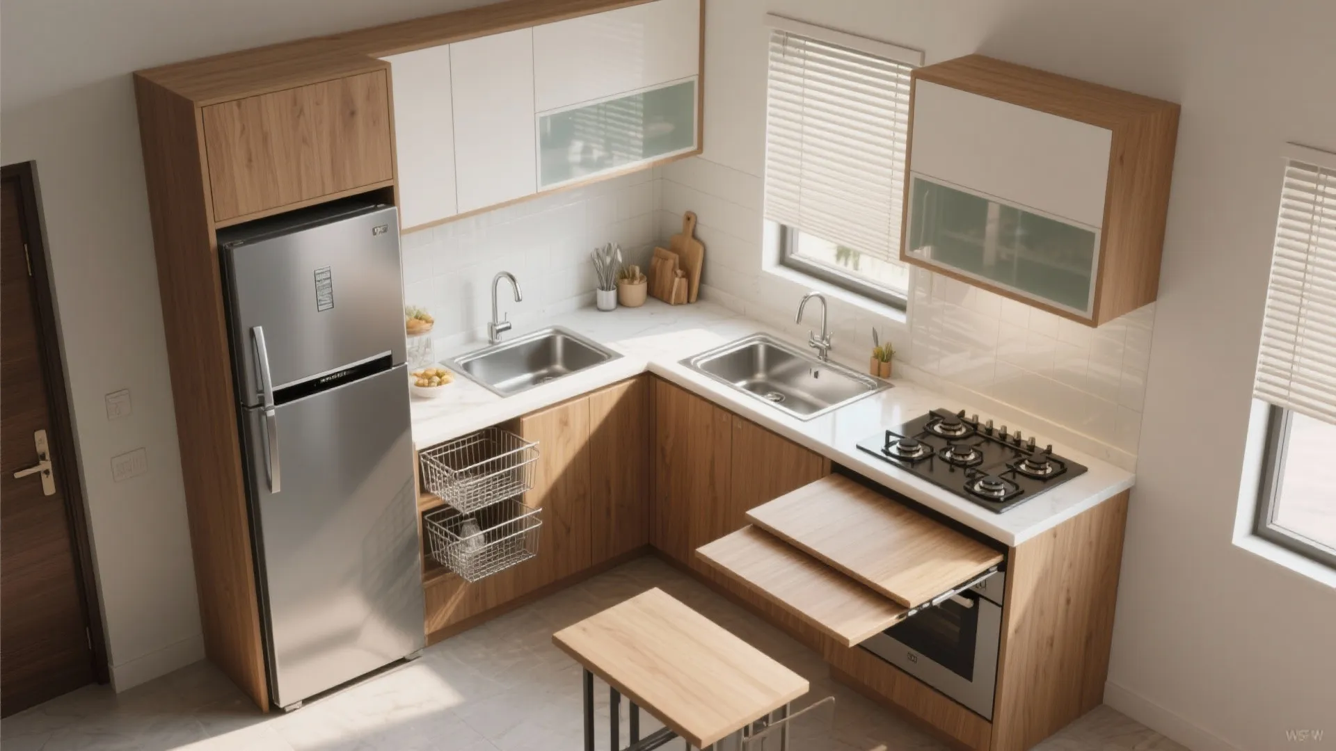 2) Compact L-shaped kitchen that actually cooks