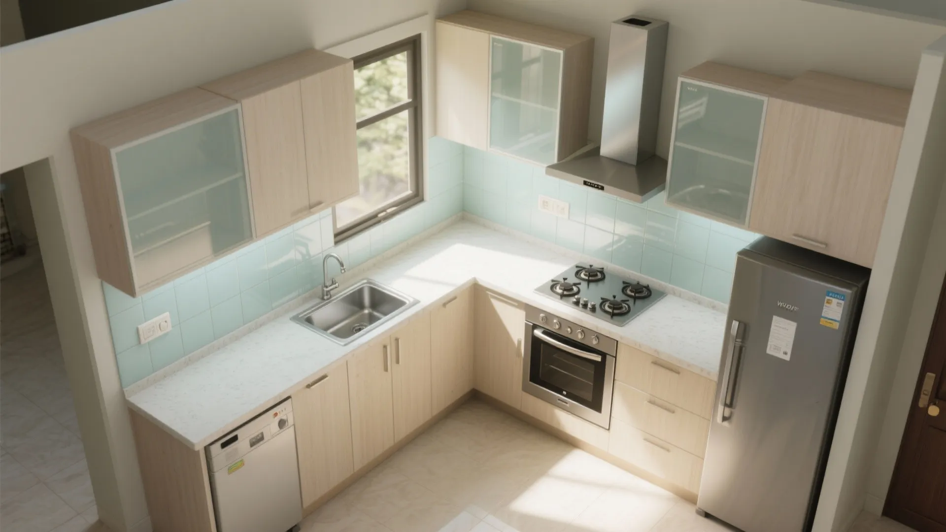 L-Shaped Small Kitchen With Bright Backsplash