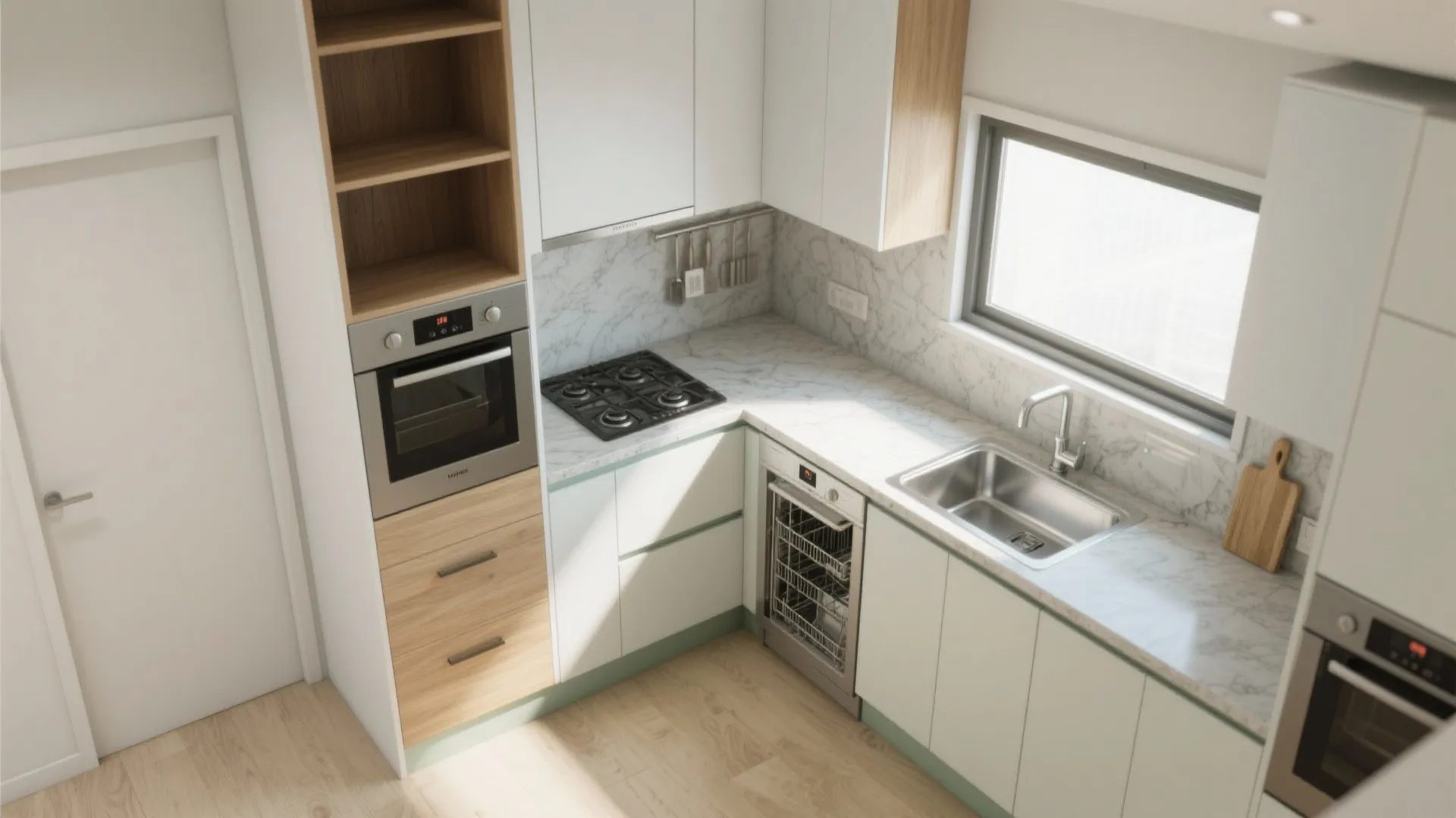 Minimalist kitchen storage and L-shaped zoning