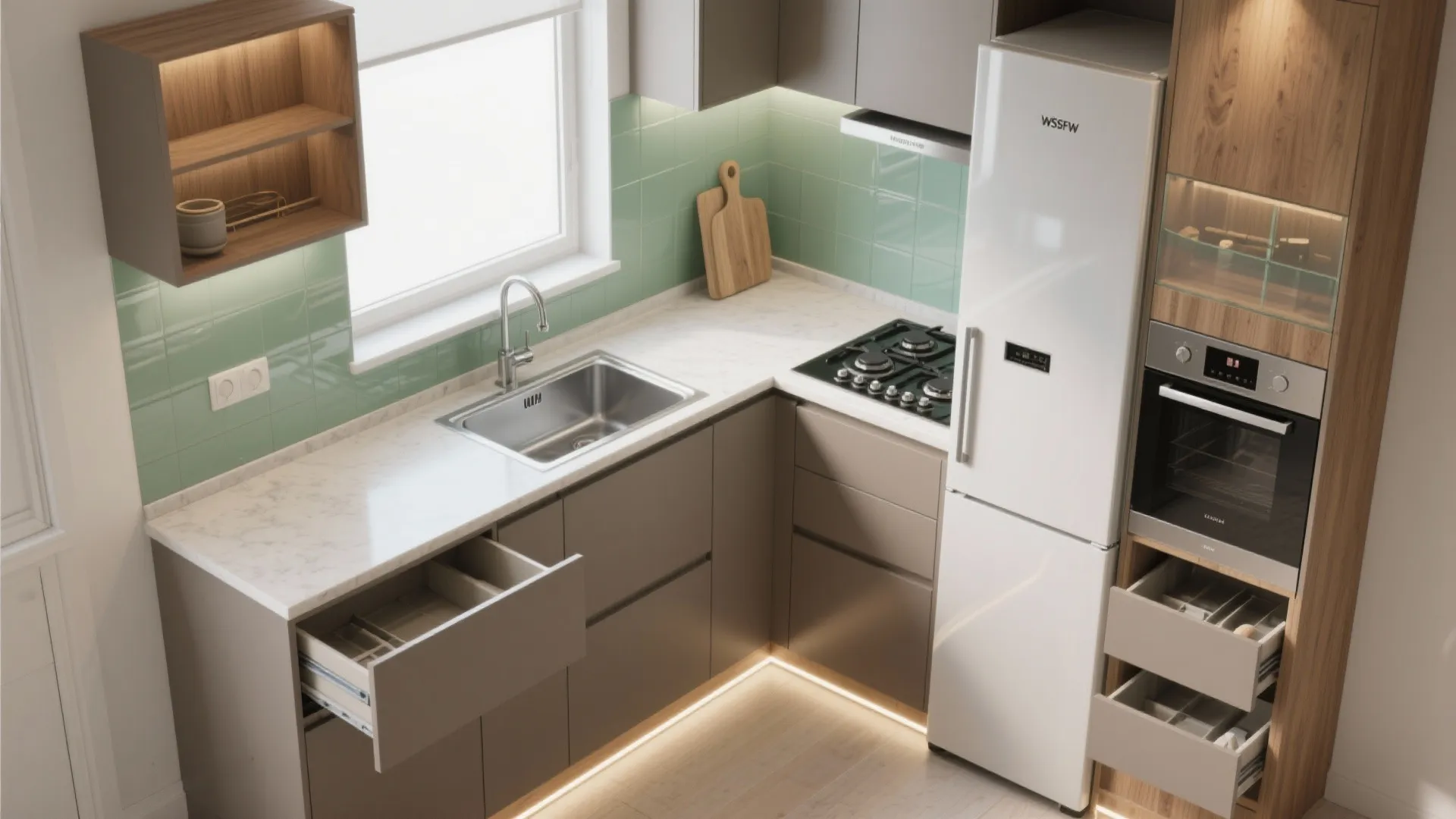 L-shaped small kitchen layout that respects the work triangle