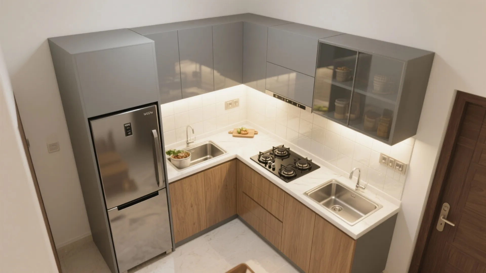 Idea 1: L-shaped Kitchen + Glass Backsplash + Tall Pantry